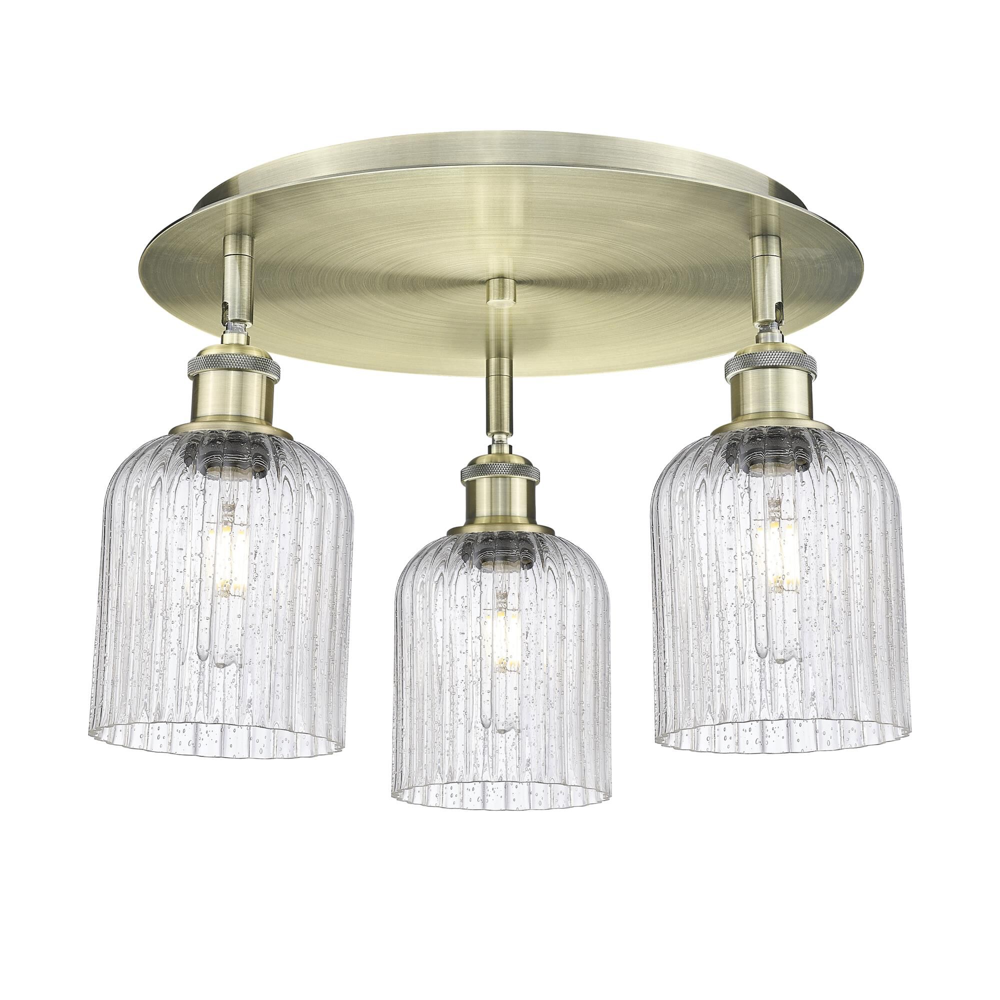 Shown in Antique Brass finish and Seedy shade