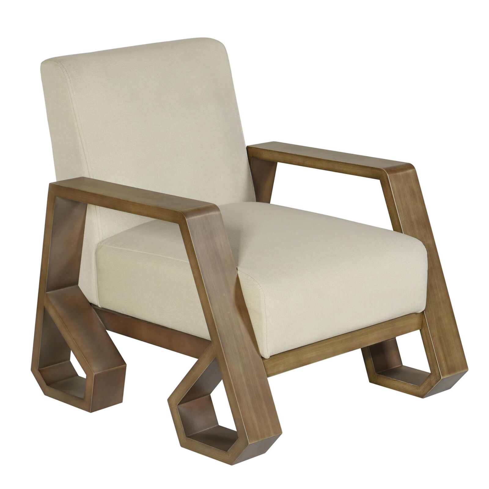 Accent chair profile view highlighting the geometric base.
