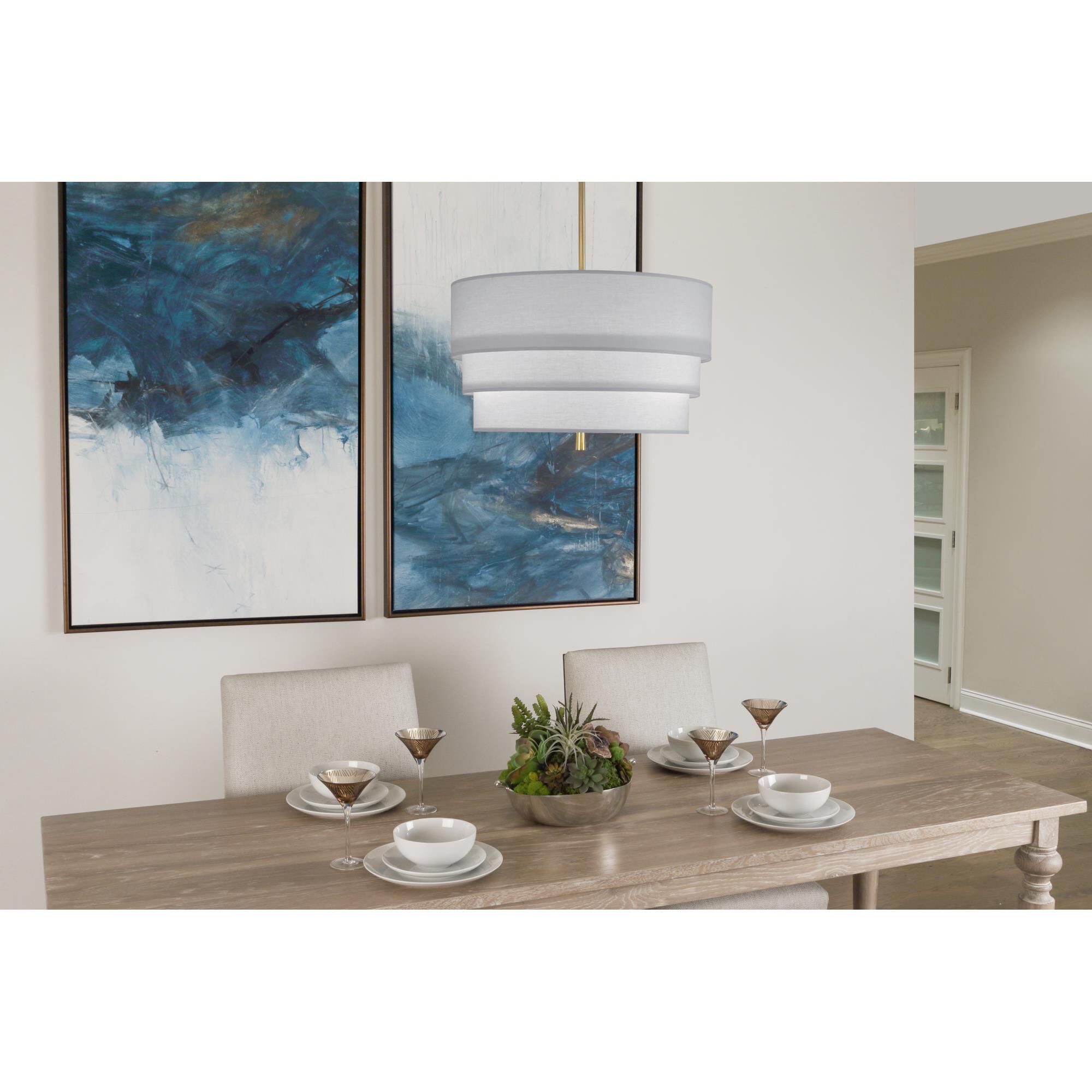 Shown in Modern Brass Finish finish and Modern Brass Finish glass and Pearl Gray Fabric shade