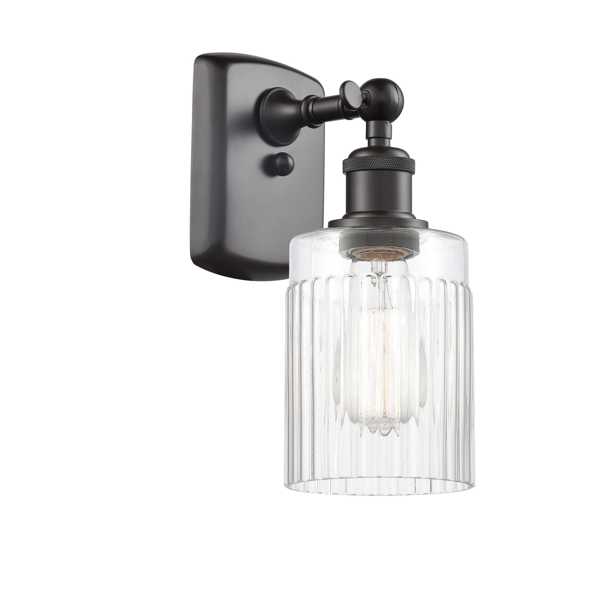 Shown in Oil Rubbed Bronze finish and Clear Ribbed glass