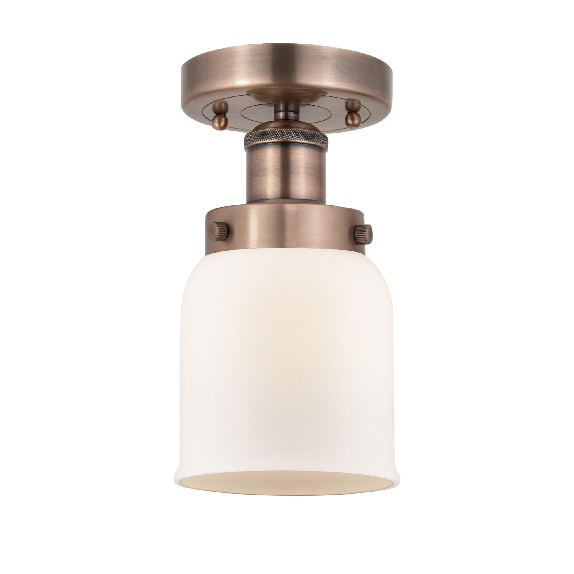 Shown in Antique Copper finish and Matte White glass