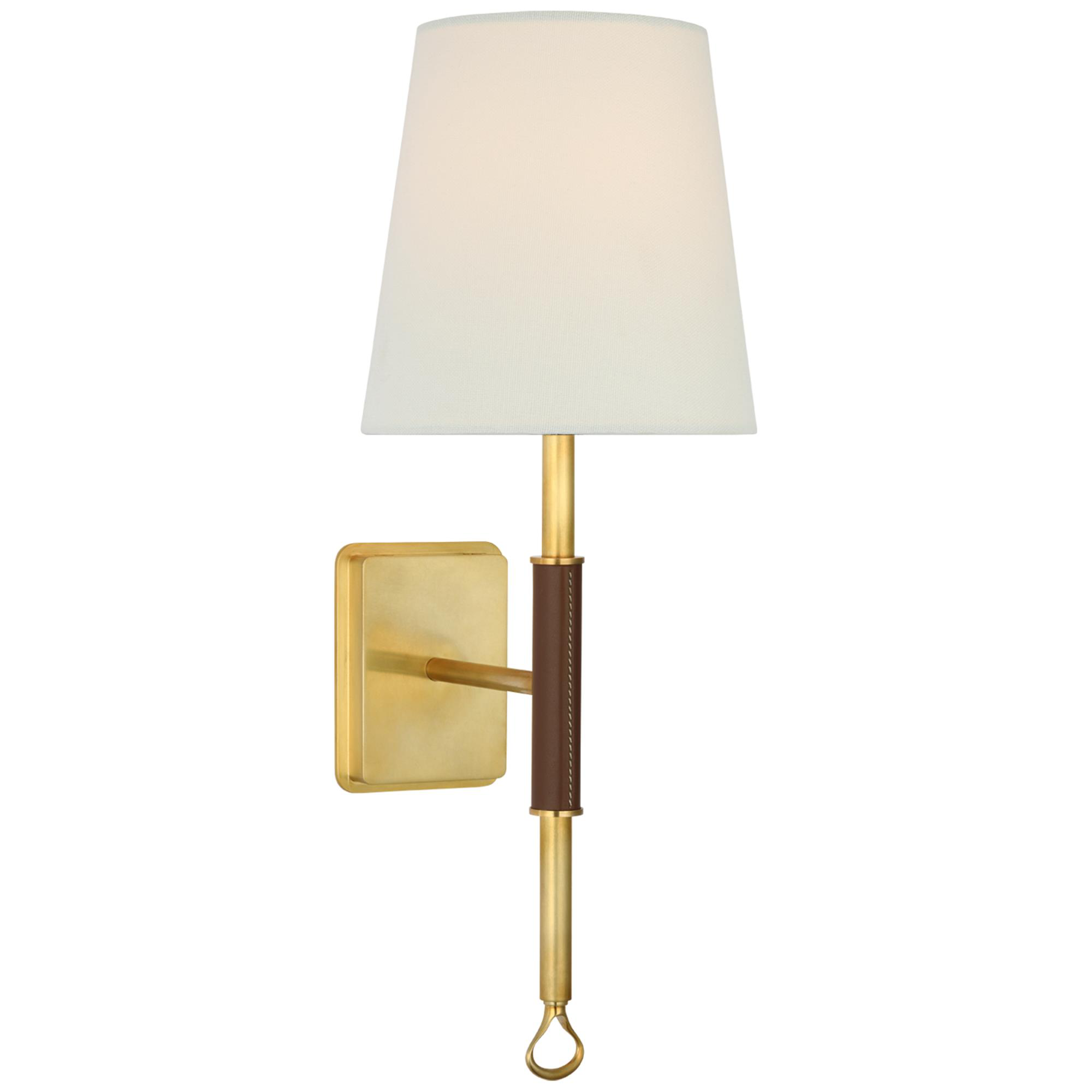 Shown in Hand-Rubbed Antique Brass and Saddle Leather finish and Linen shade
