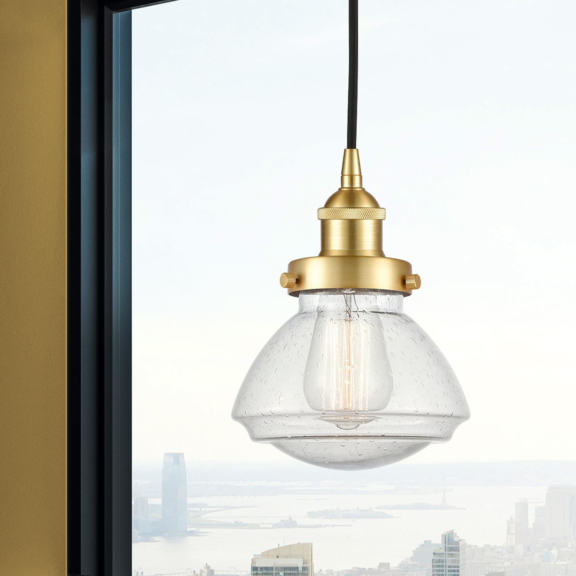 Shown in Satin Gold finish and Seedy glass