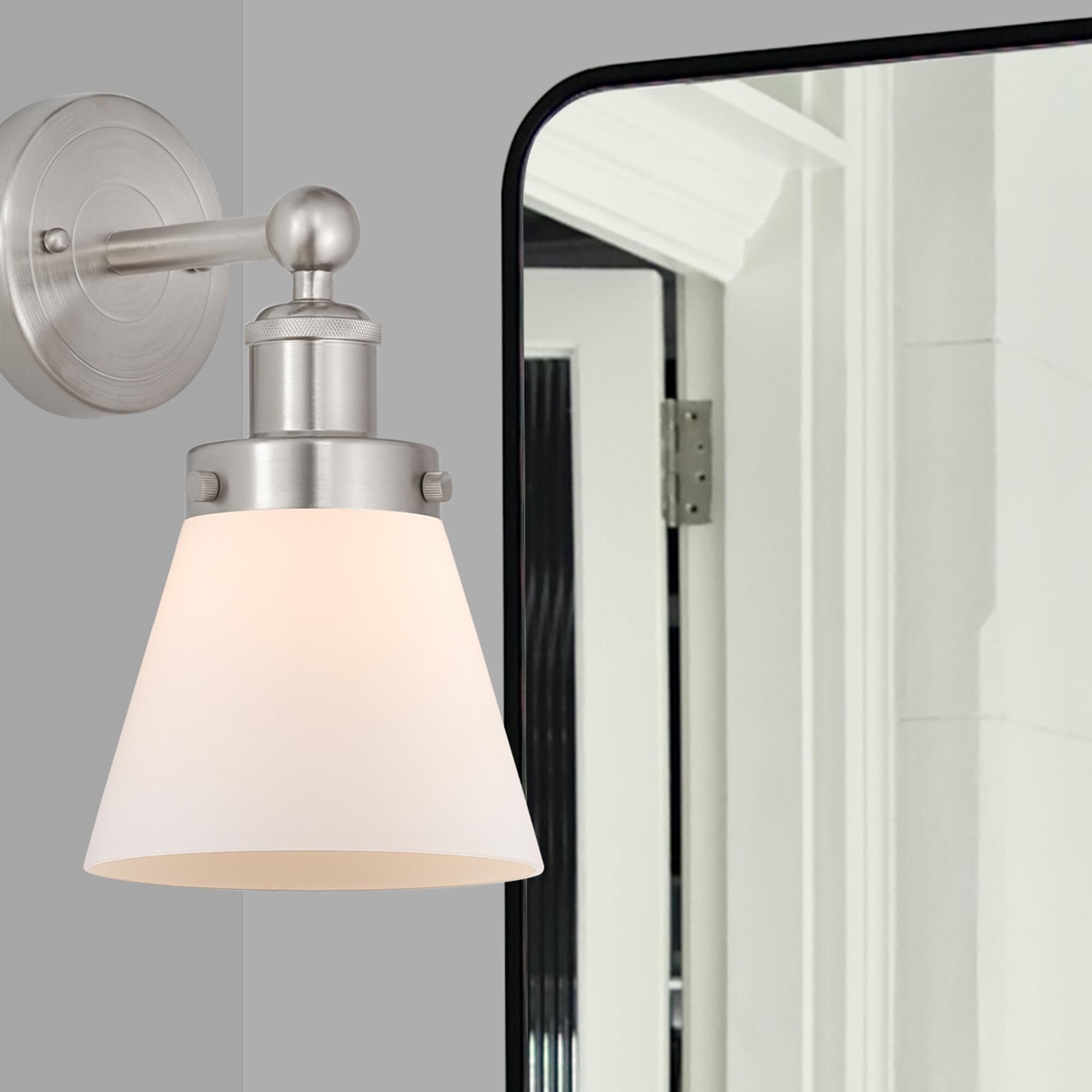 Shown in Brushed Satin Nickel  finish and Matte White glass