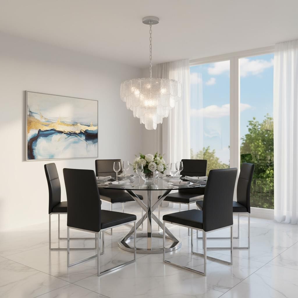 Shown in Polished Nickel and Crystalline finish and Piastra glass