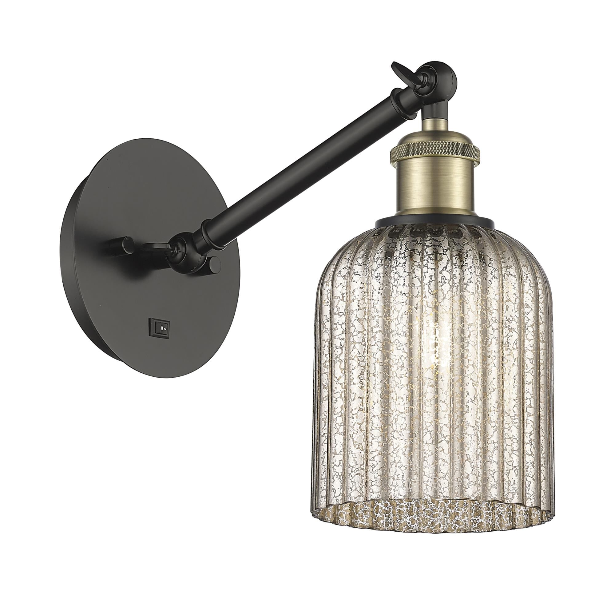 Shown in Black Antique Brass finish and Mercury shade