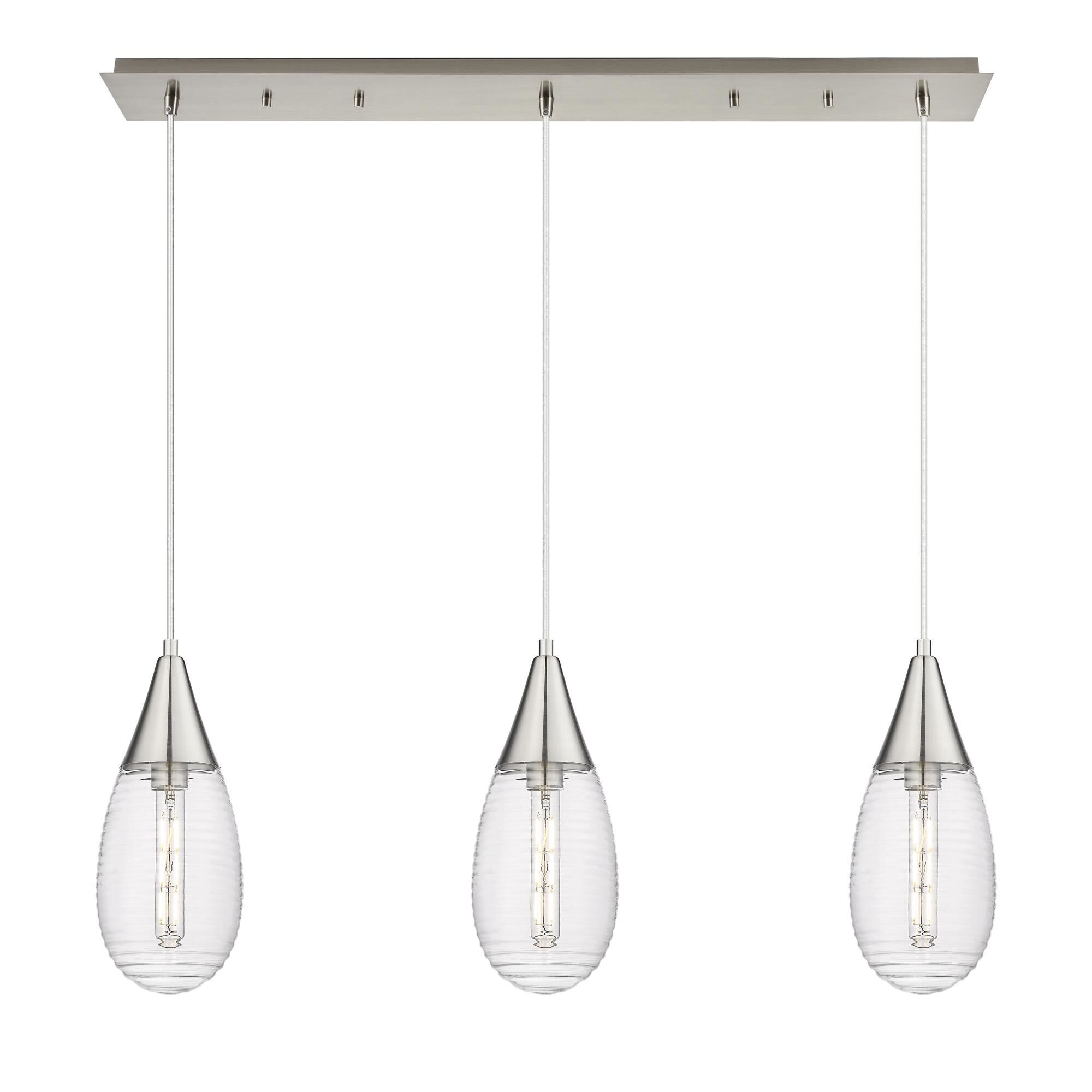 Shown in Brushed Satin Nickel finish and Striped Clear glass and Striped Clear Glass shade