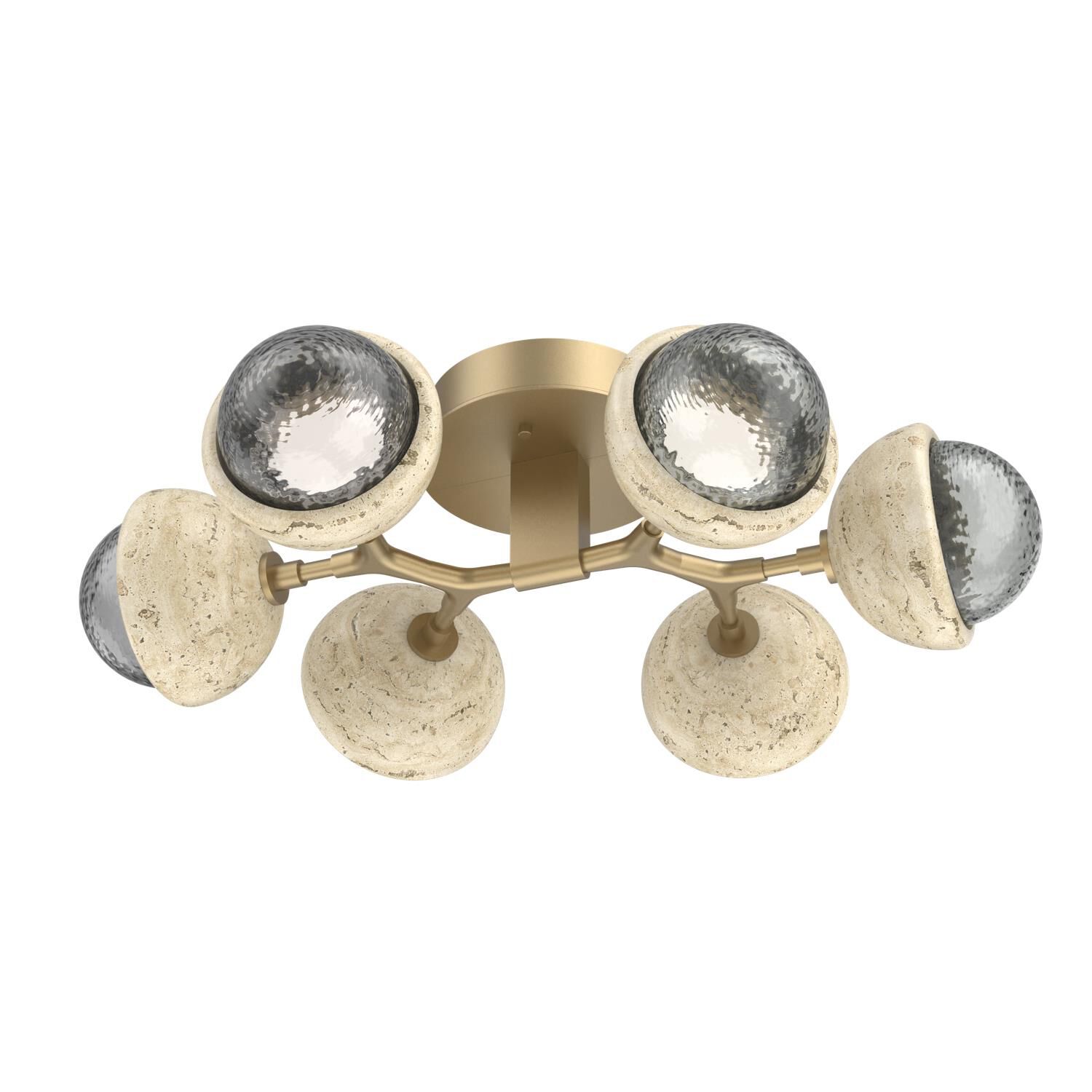 Shown in Gilded Brass finish and Smoke glass and Travertine Stone accent