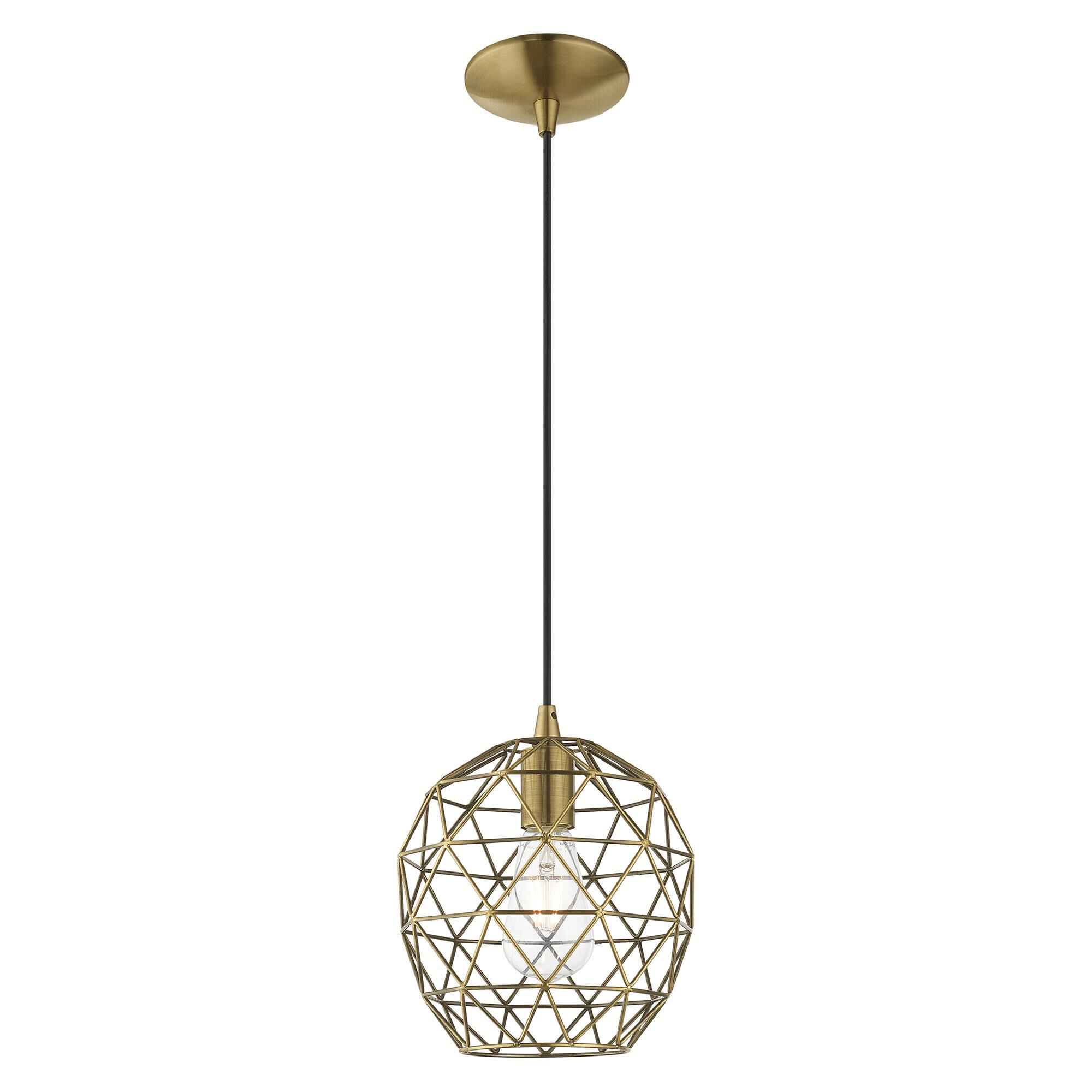 Shown in Antique Brass finish and Antique Brass Geometric Metal shade