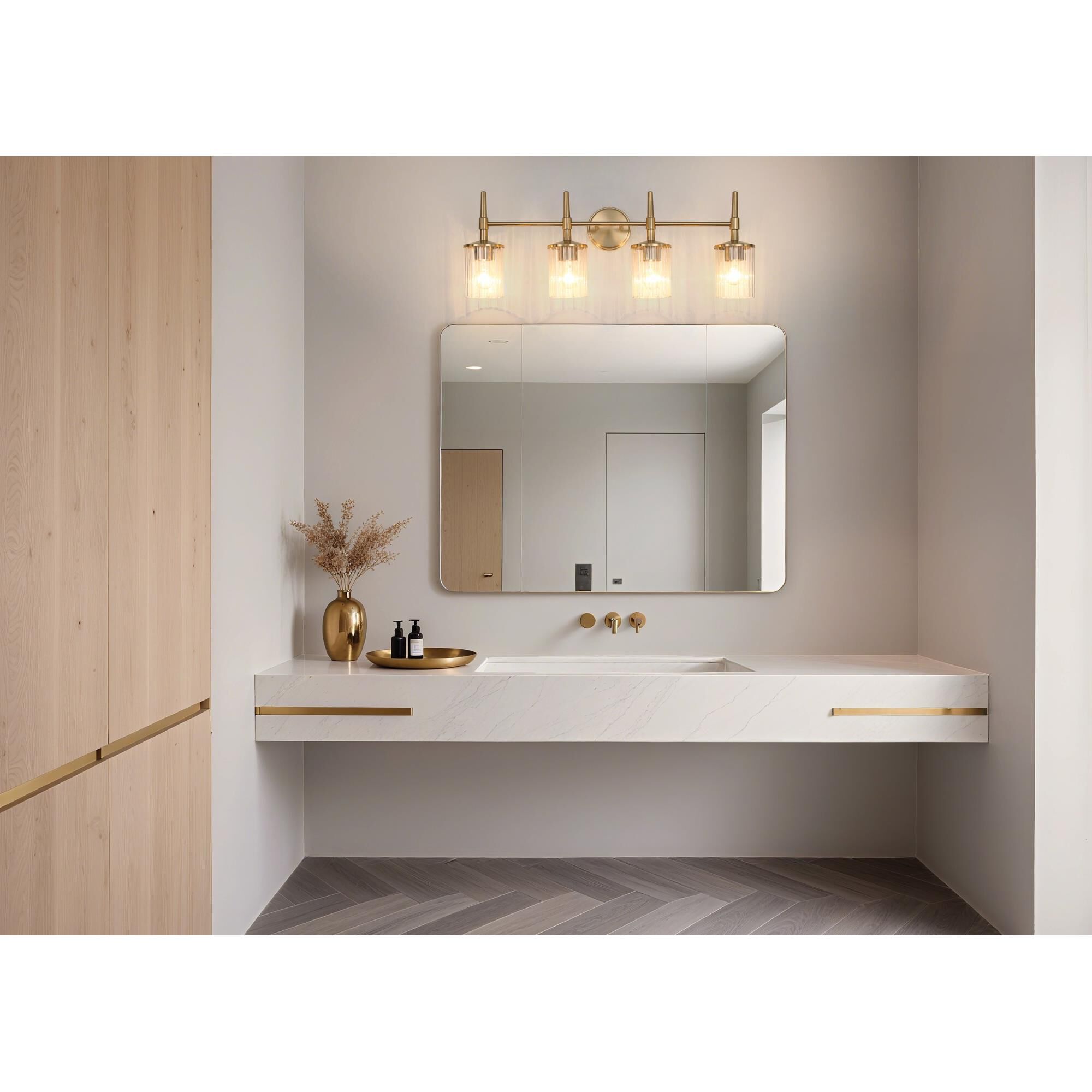 Shown in Champagne Gold finish and Clear Ribbed glass