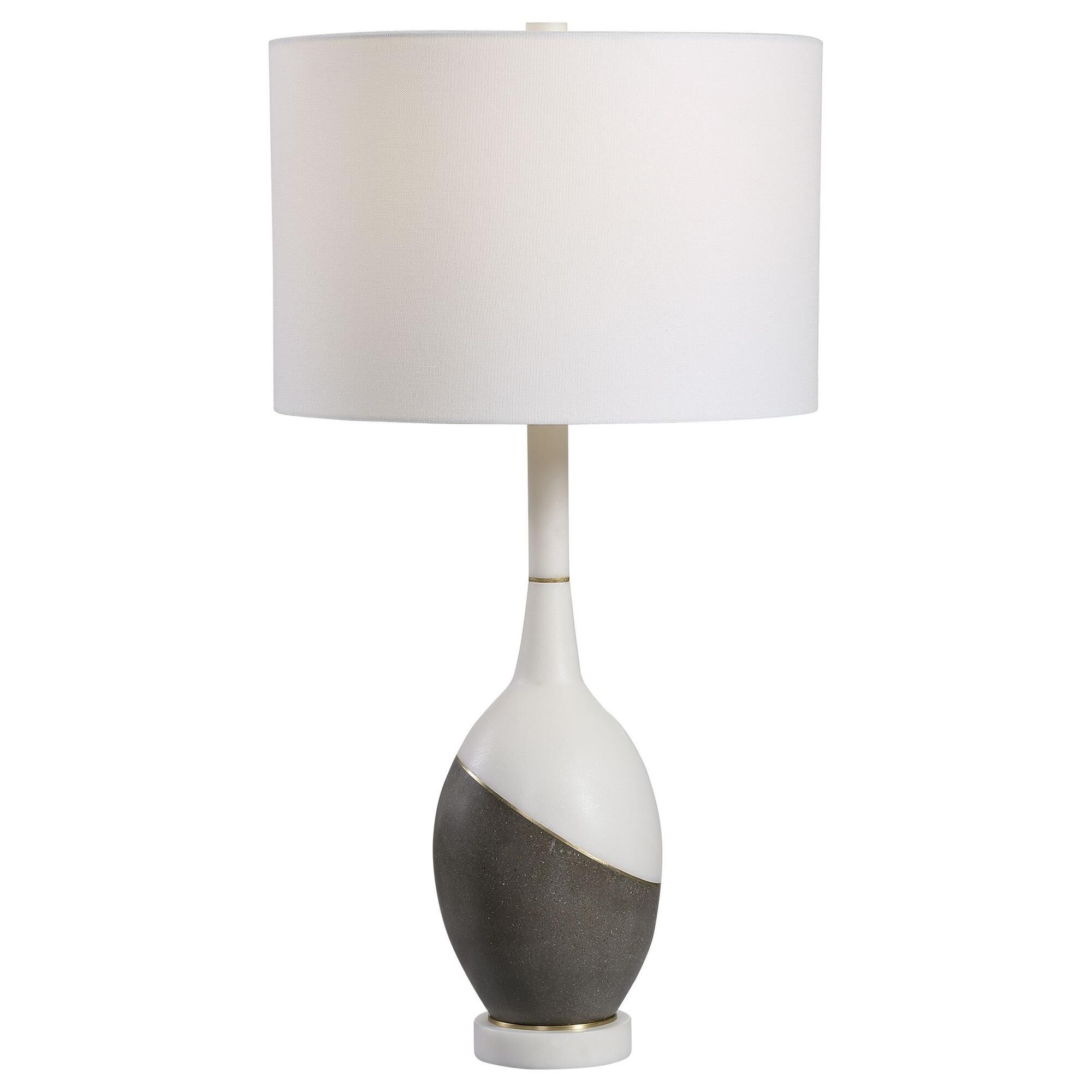 Shown in Simple Yet Sophisticated, This Table Lamp Features A Combination Of Honed Charcoal Concrete And A Po finish and Round Drum Hardback shade