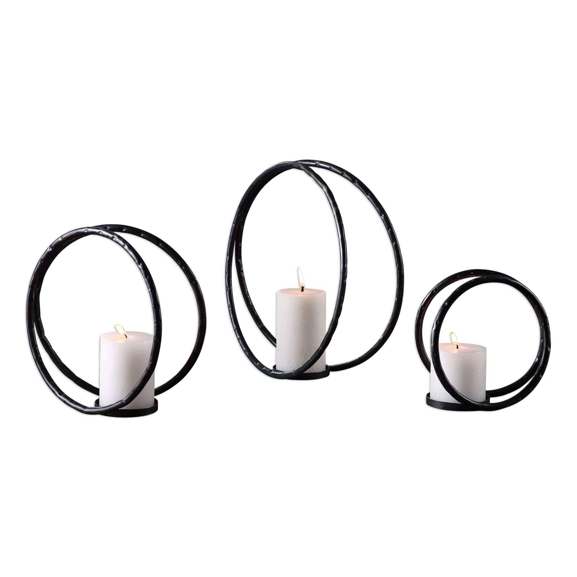 Shown in Aged Black Curved Metal With Silver Highlights And Three Distressed White Candles, One 3