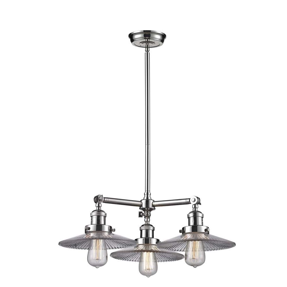 Shown in Polished Nickel finish and Clear Halophane glass