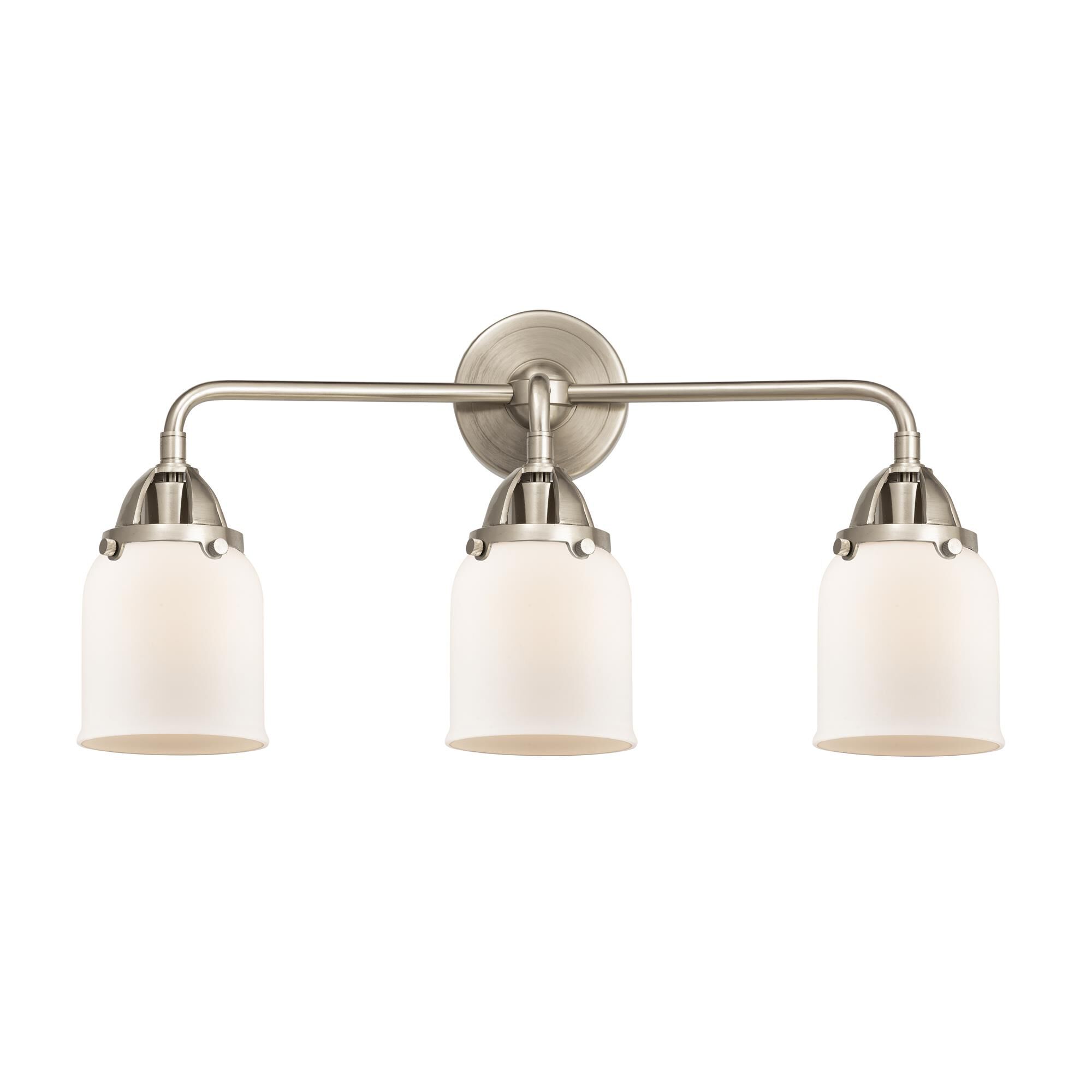 Shown in Brushed Satin Nickel finish and Matte White Cased Small Bell glass and No Shade shade