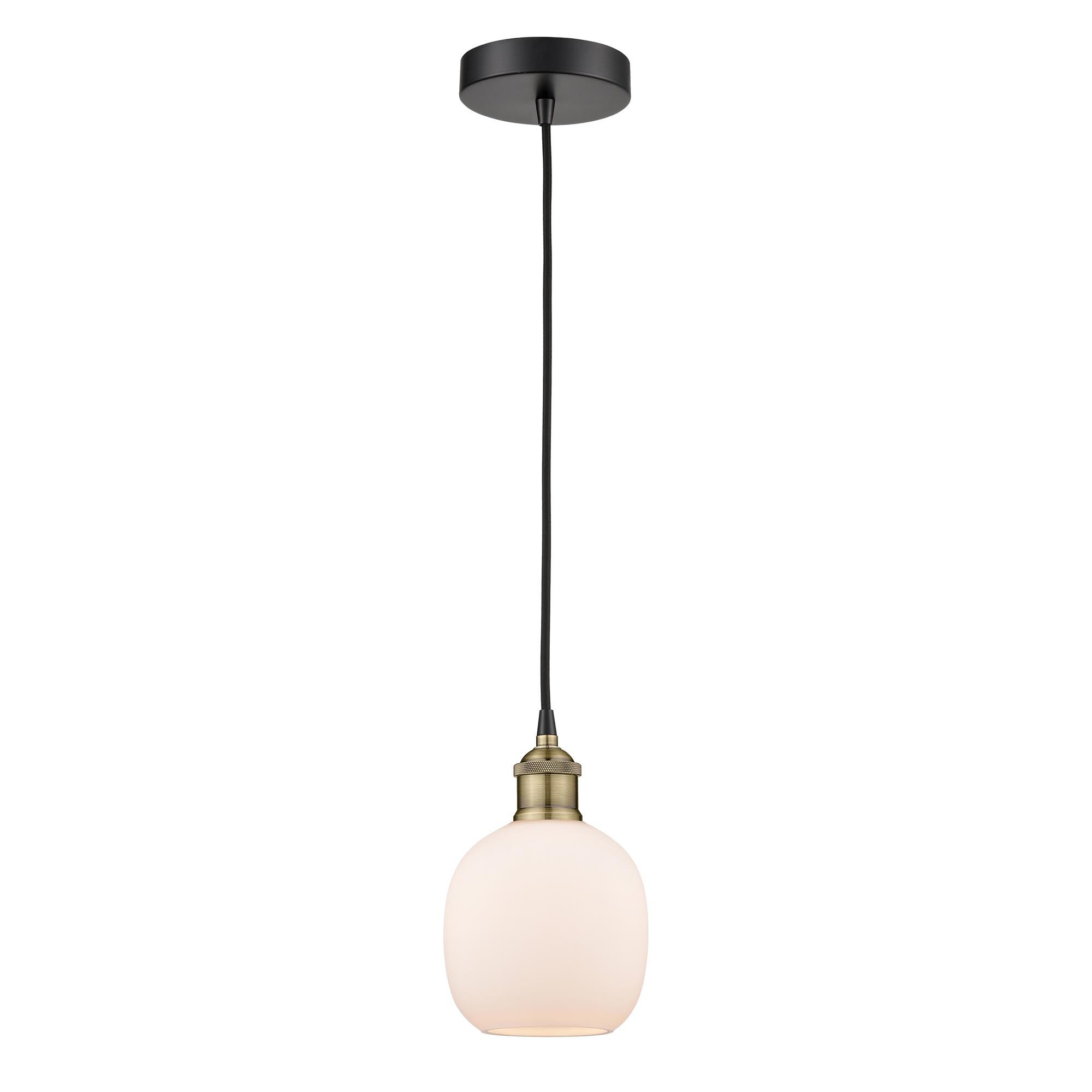 Shown in Black Antique Brass finish and Matte White glass