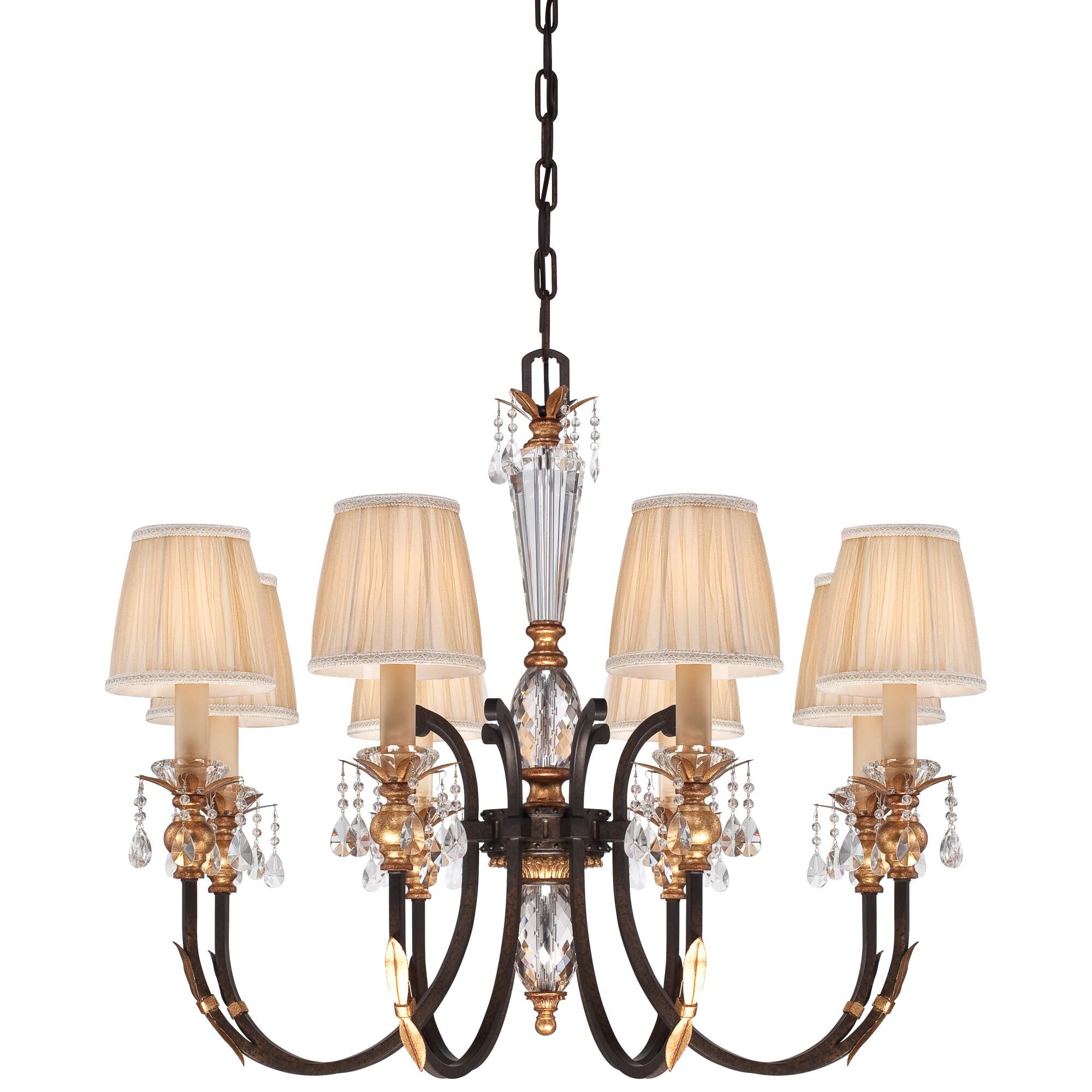 Shown in French Bronze With Gold Highlights finish and Eidolon Krystal crystal and Pleated Chanpagne glass and Fabric shade