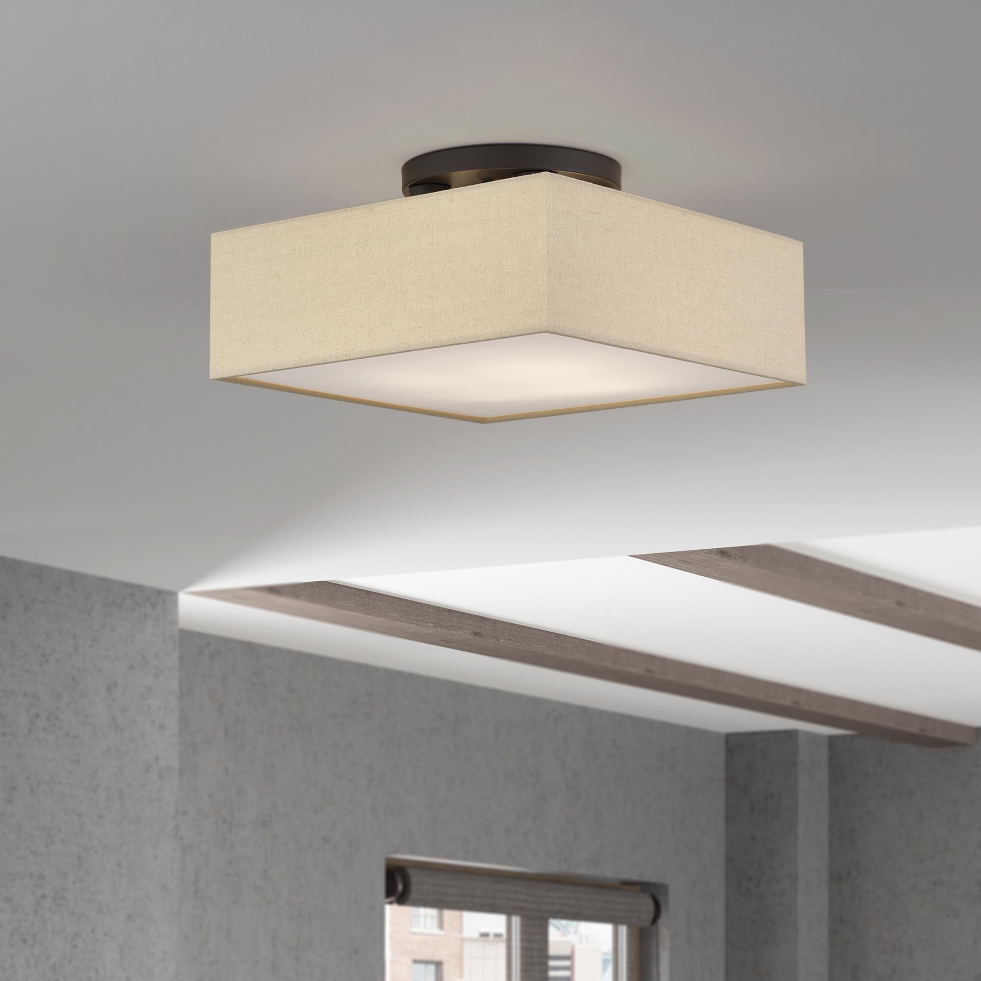 Shown in Bronze finish and Hand Crafted Parchment Color Hardback Fabric with White Color Inside shade