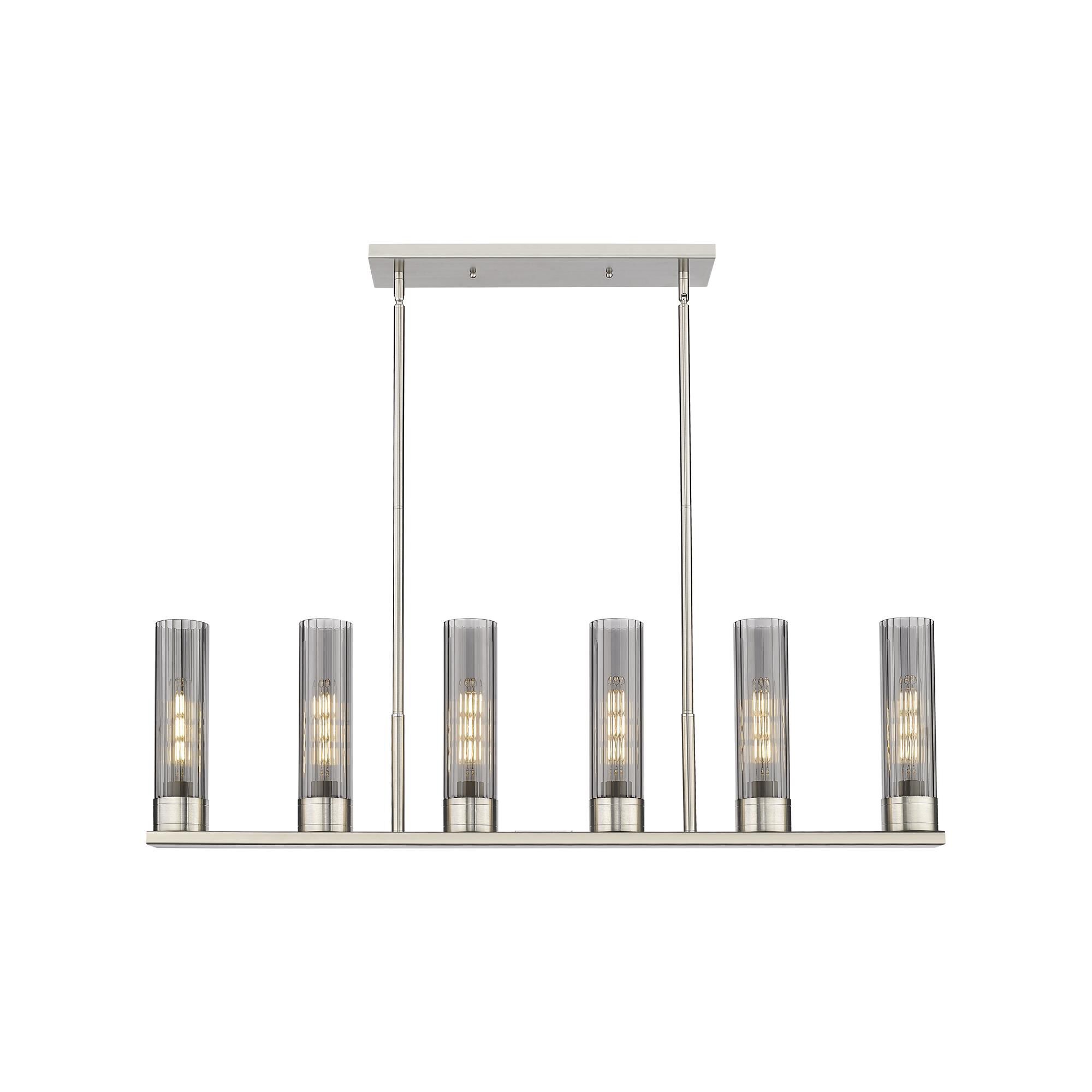 Shown in Satin Nickel finish and Plated Smoke glass and Plated Smoke Glass shade