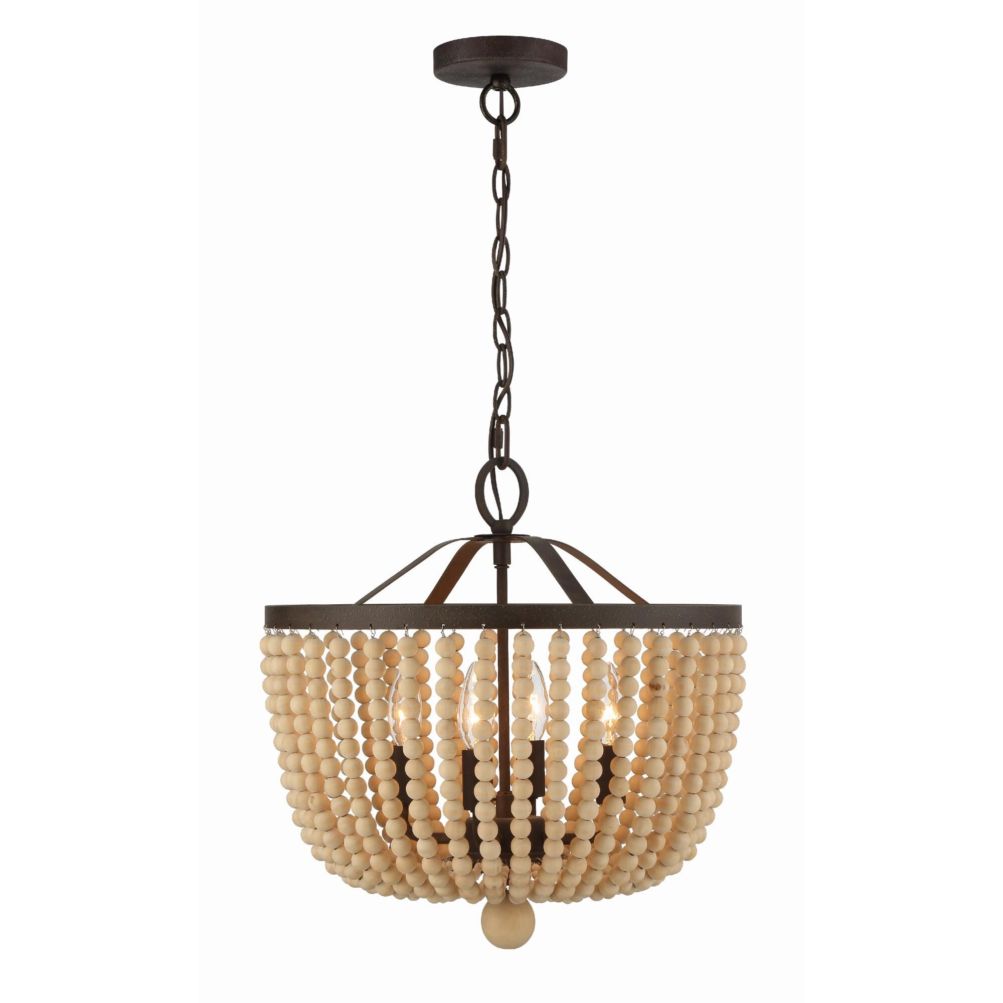 Shown in Forged Bronze finish and Natural Wood Beads crystal