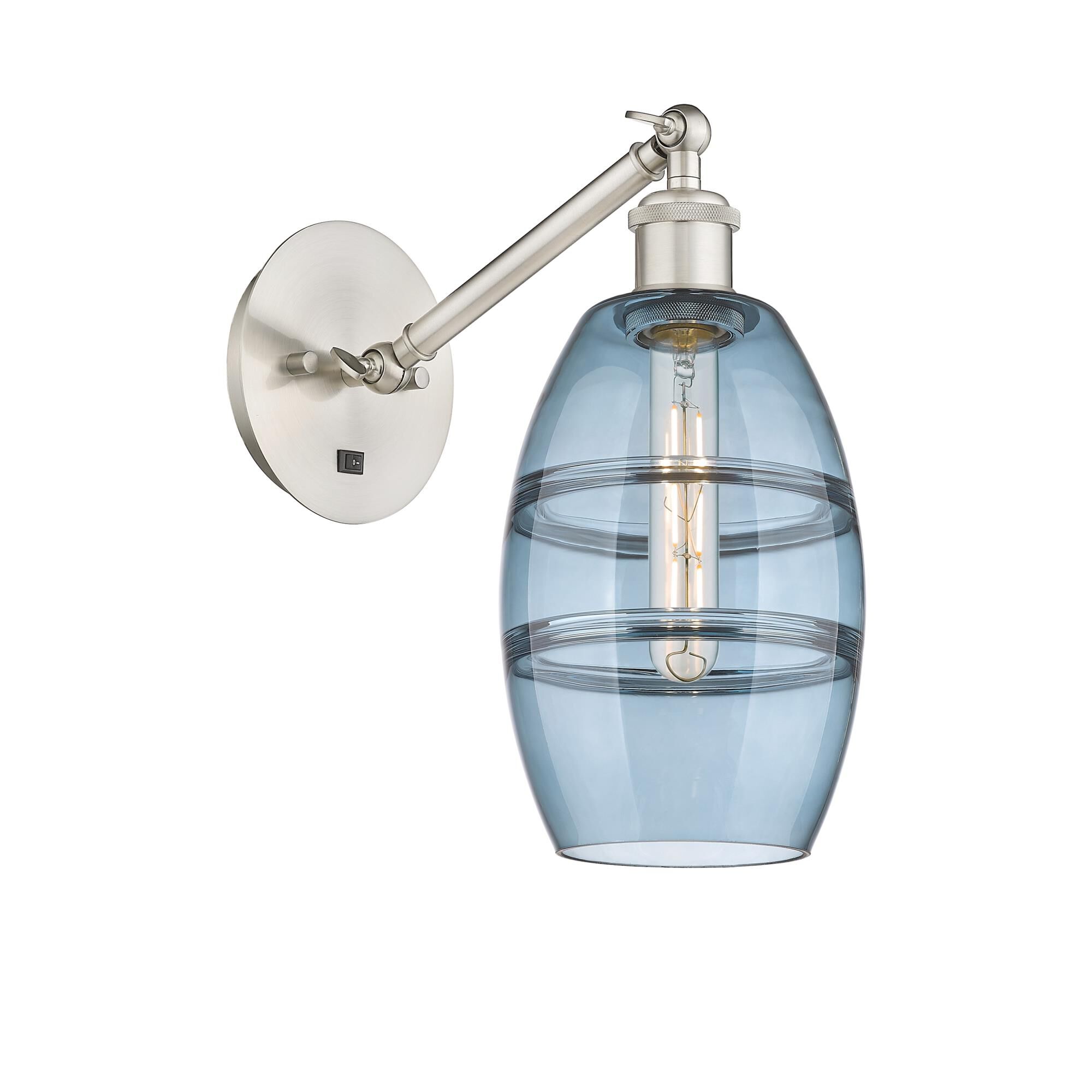 Shown in Brushed Satin Nickel finish and Princess Blue glass