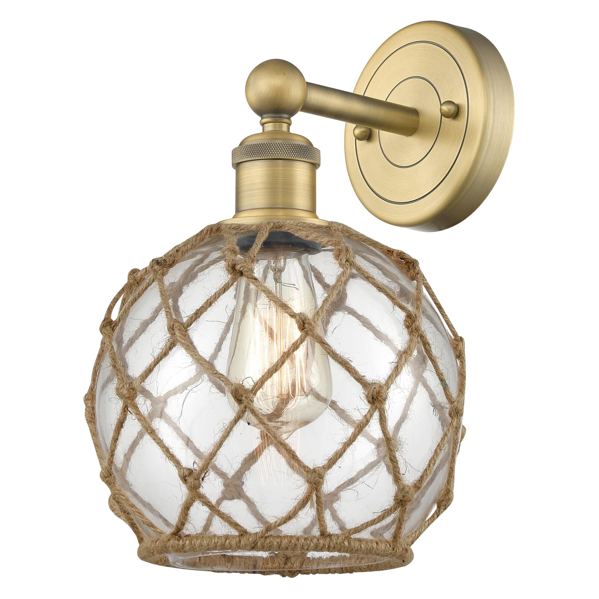Shown in Brushed Brass finish and Clear with Brown Rope glass