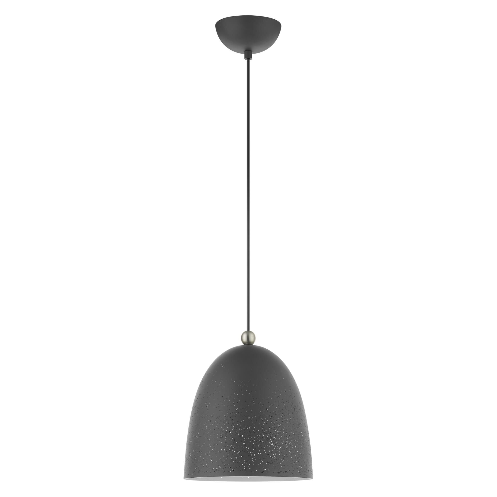 Shown in Scandinavian Gray With Brushed Nickel Accents finish and Scandinavian Gray Ornamental Metal Shade With White Finish Inside glass and Scandinavian Gray Ornamental Metal  With White Finish Inside shade