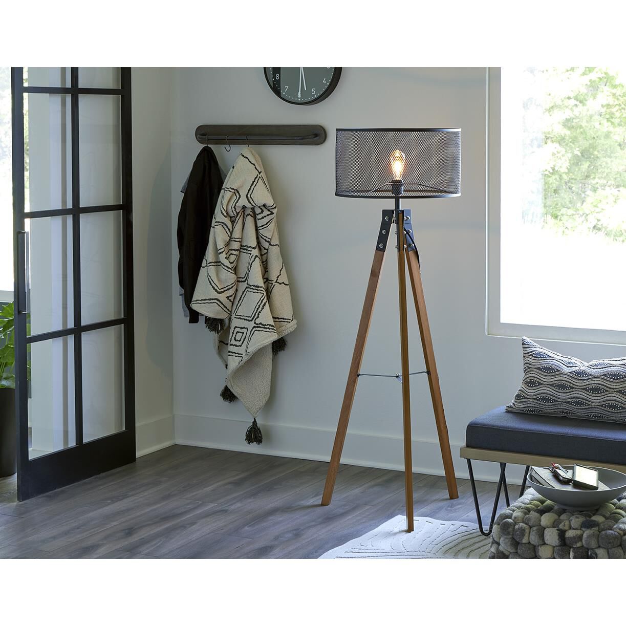 Shown in Matte Black finish and Black glass and Black Iron Mesh Drum shade