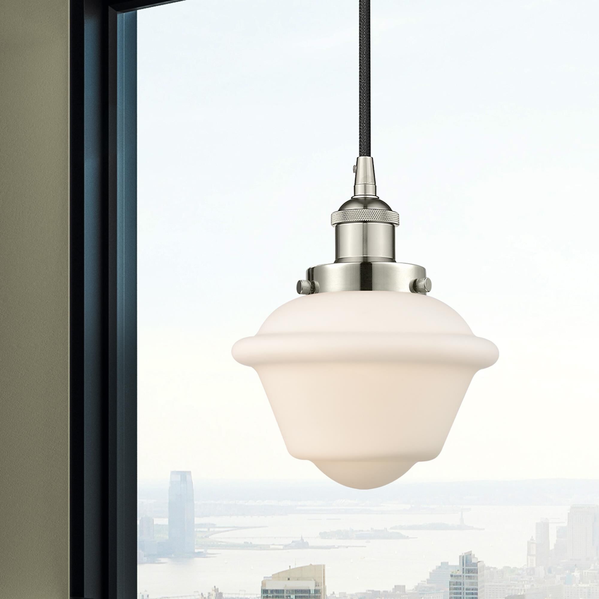 Shown in Polished Nickel finish and Matte White Cased Small Oxford glass