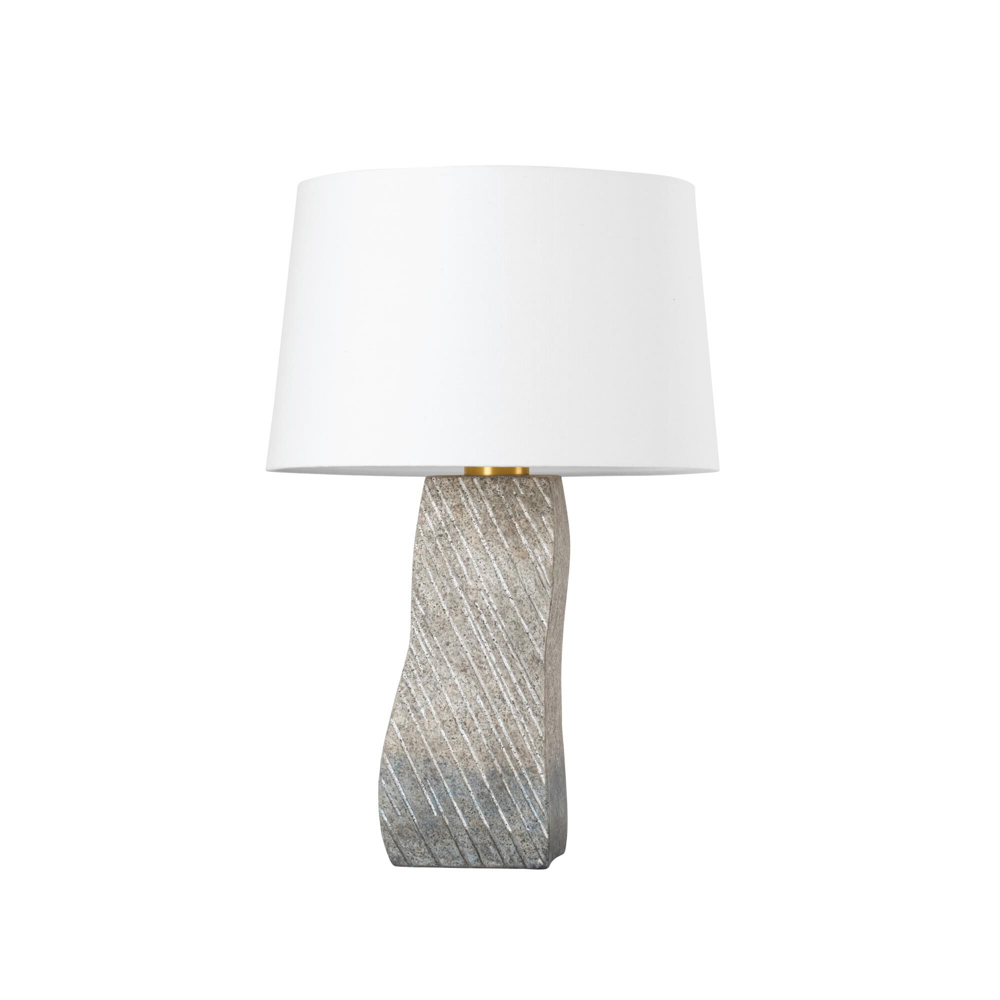 Shown in Aged Brass and Ceramic Windswept White finish and White Linen shade