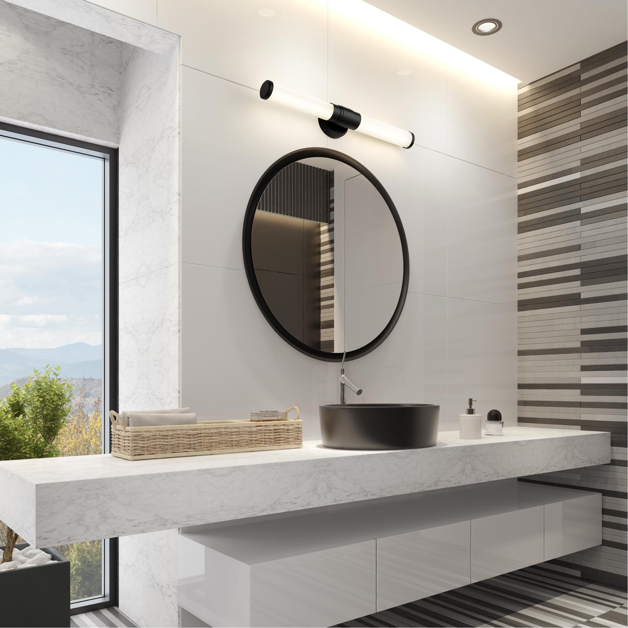 Shown in Matte Black finish and Opal White glass and Opal White shade