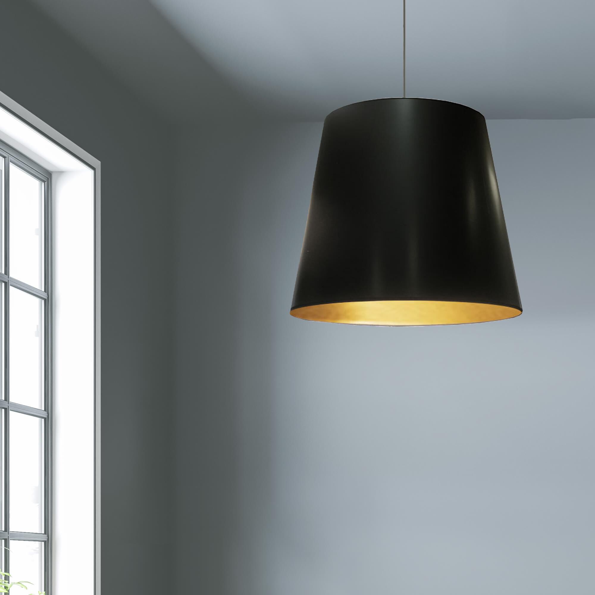 Shown in Black on Gold finish and Black on Gold glass and Black and Gold Fabric shade and Polished Chrome accent