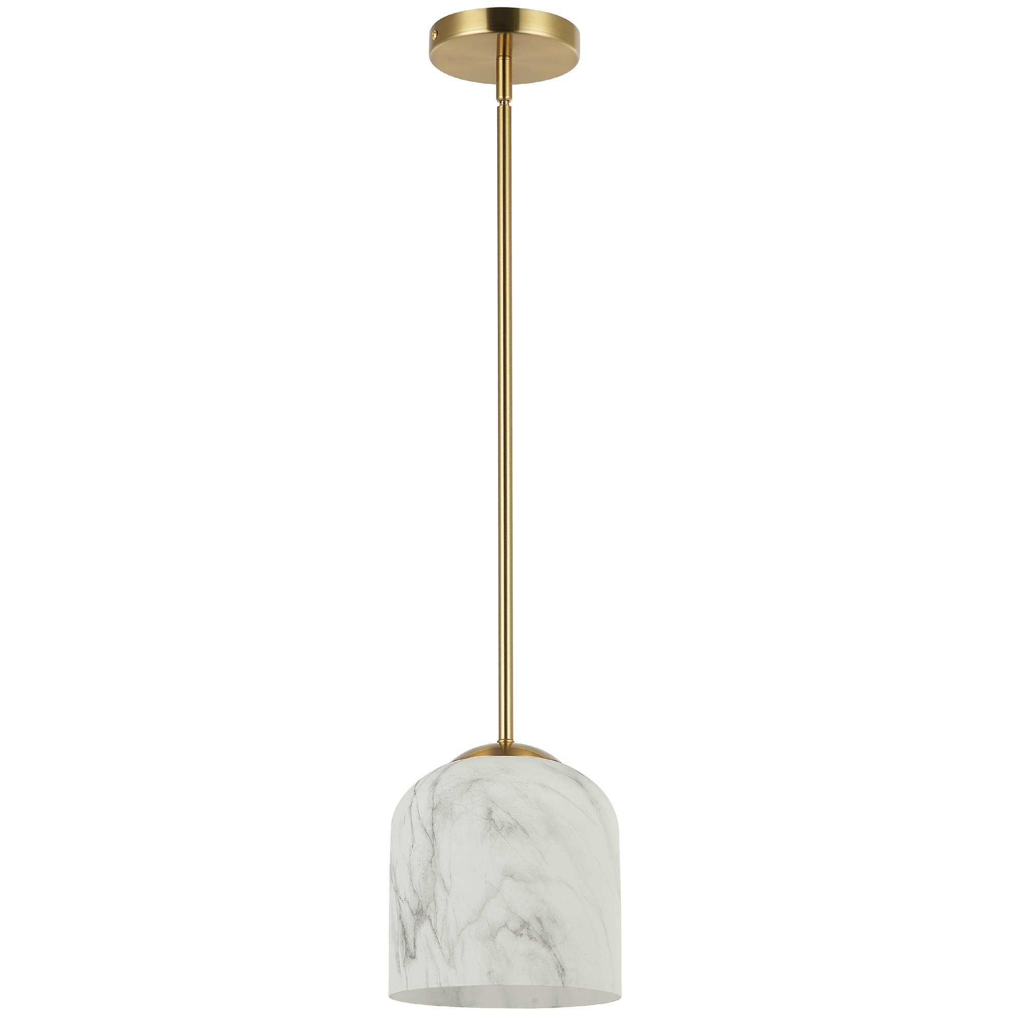 Shown in Aged Brass finish and Alabaster shade
