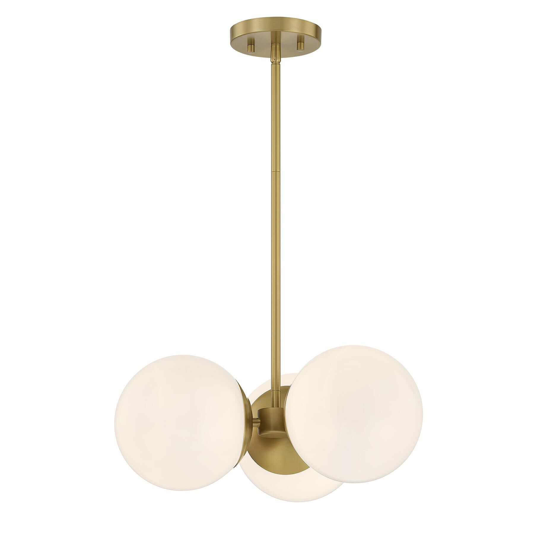 Shown in Warm Brass finish and White Opal glass