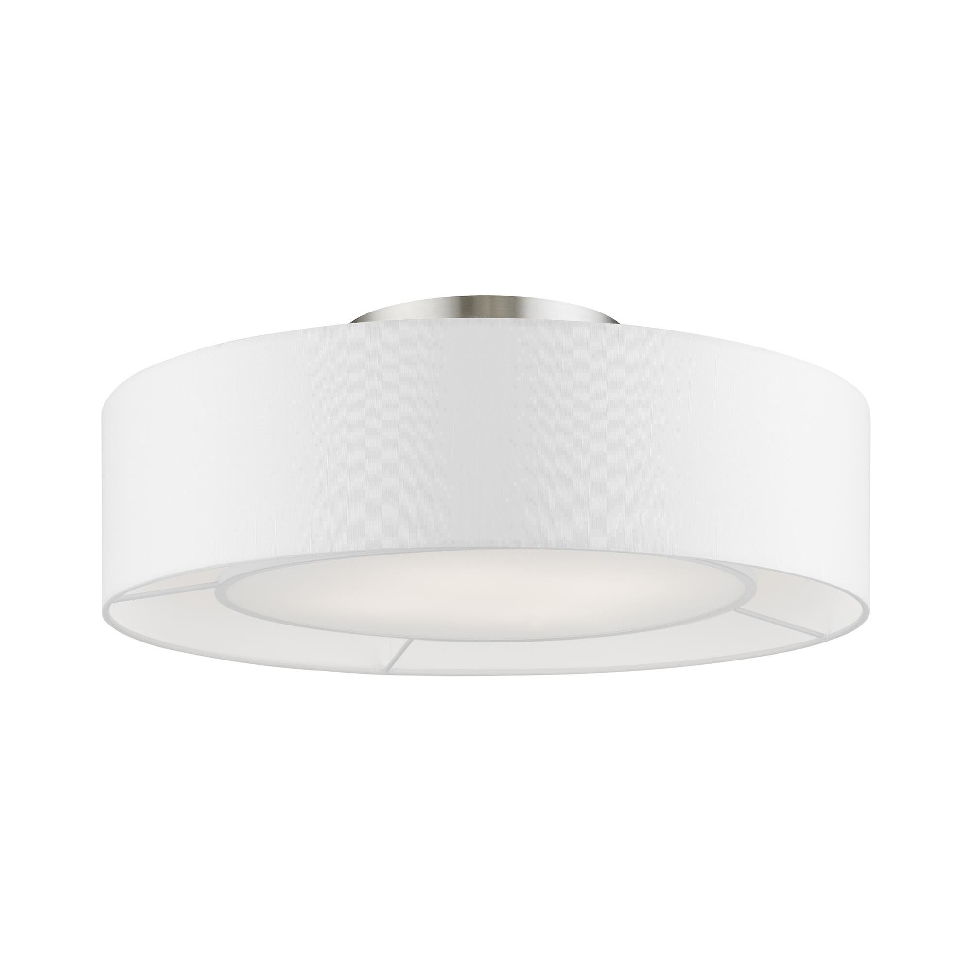 Shown in Brushed Nickel with Shiny White Accents finish and Hand Crafted Off-White Hardback Fabric With White Fabric Inside shade