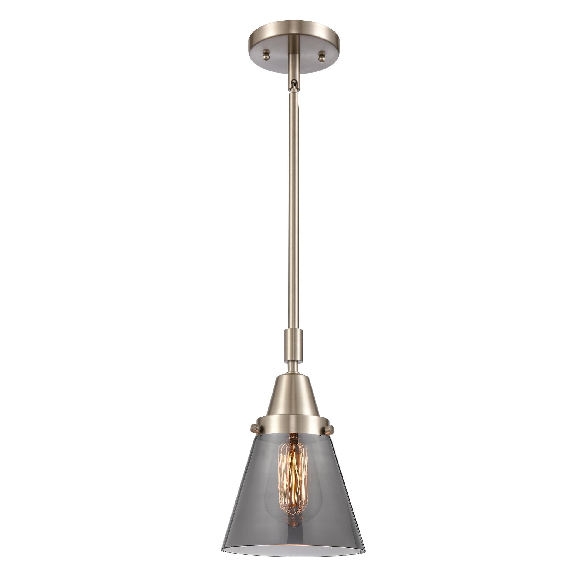 Shown in Brushed Satin Nickel finish and Plated Smoke Small Cone glass