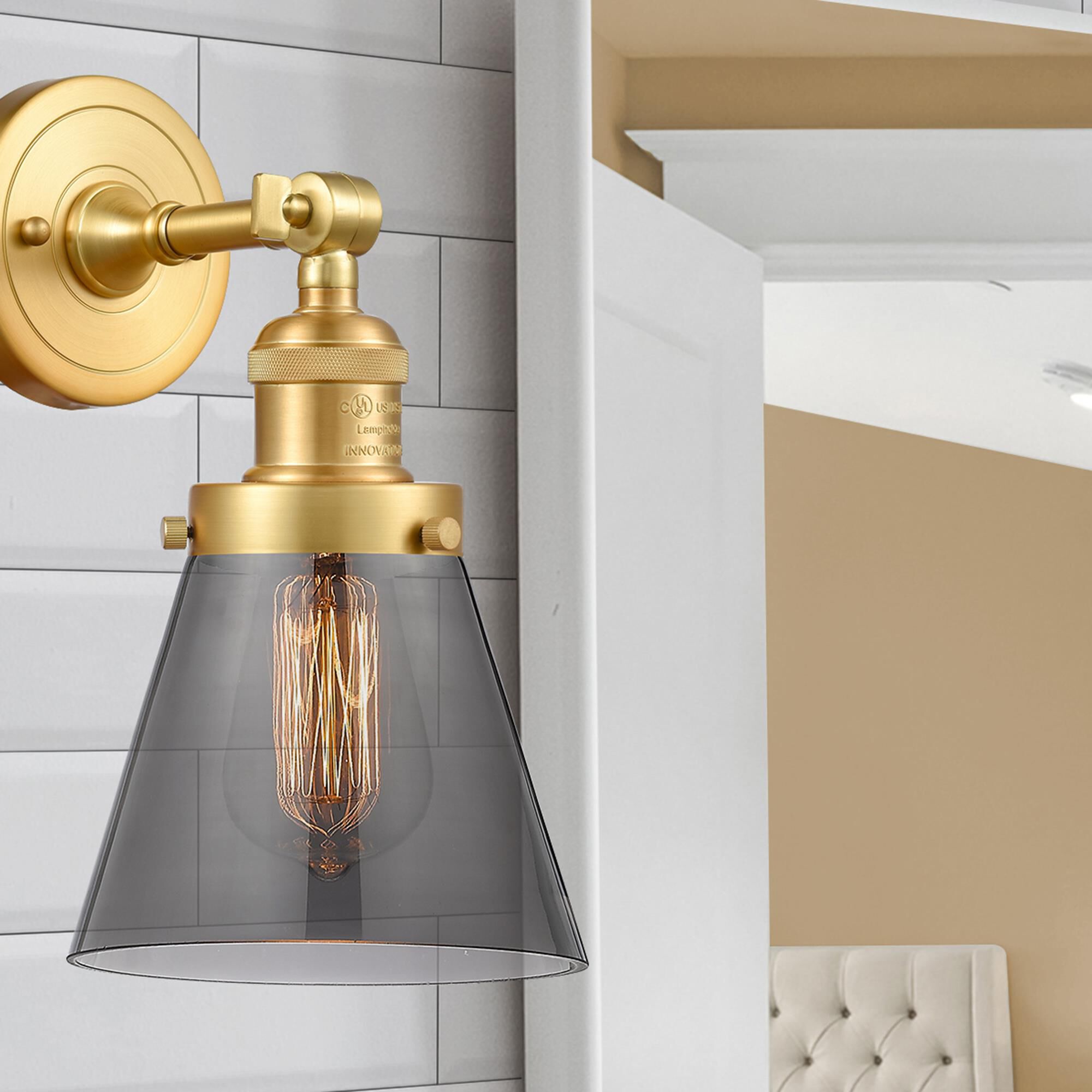 Shown in Satin Gold finish and Plated Smoke Small Cone glass