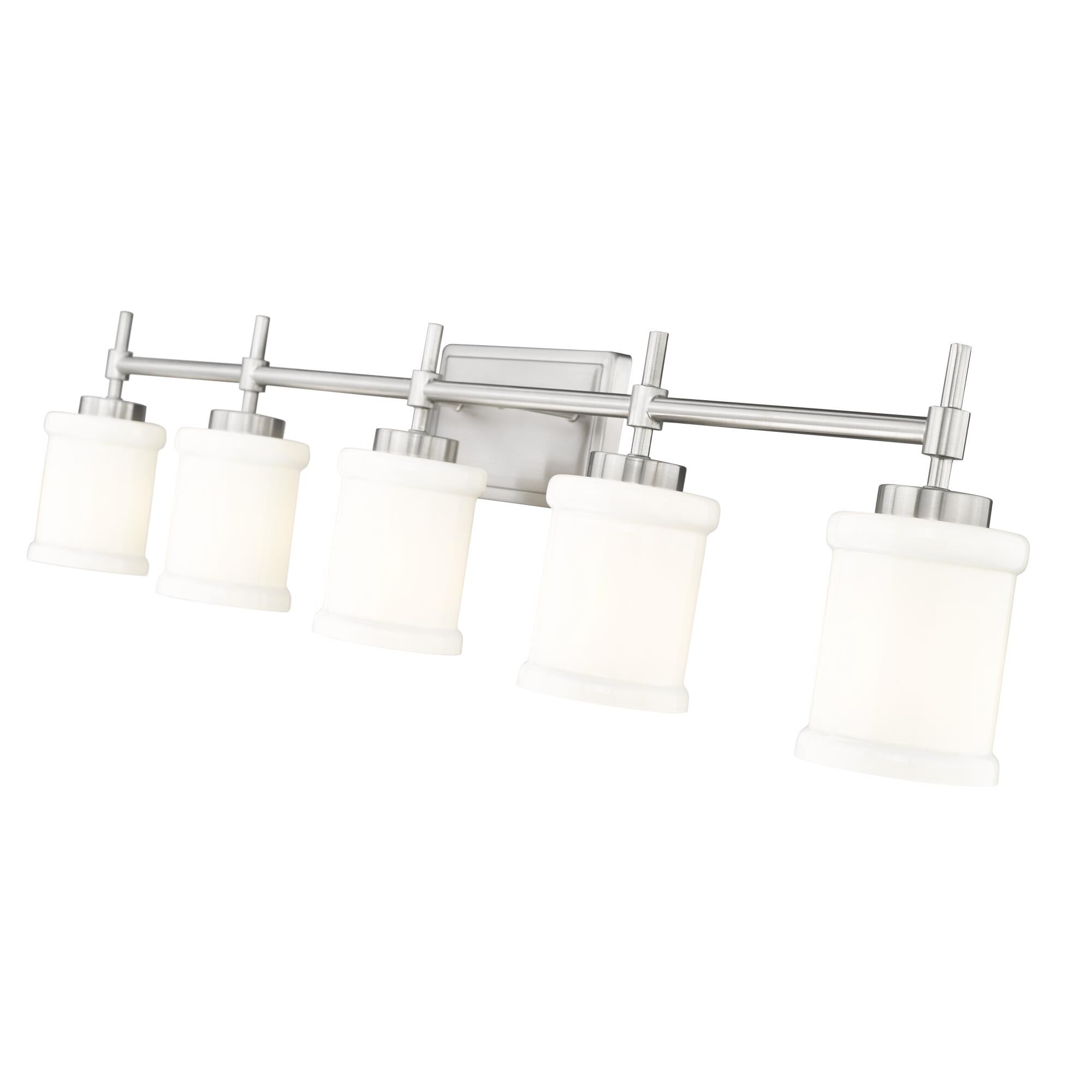 Shown in Brushed Nickel finish and Gloss Opal glass and Gloss Opal shade