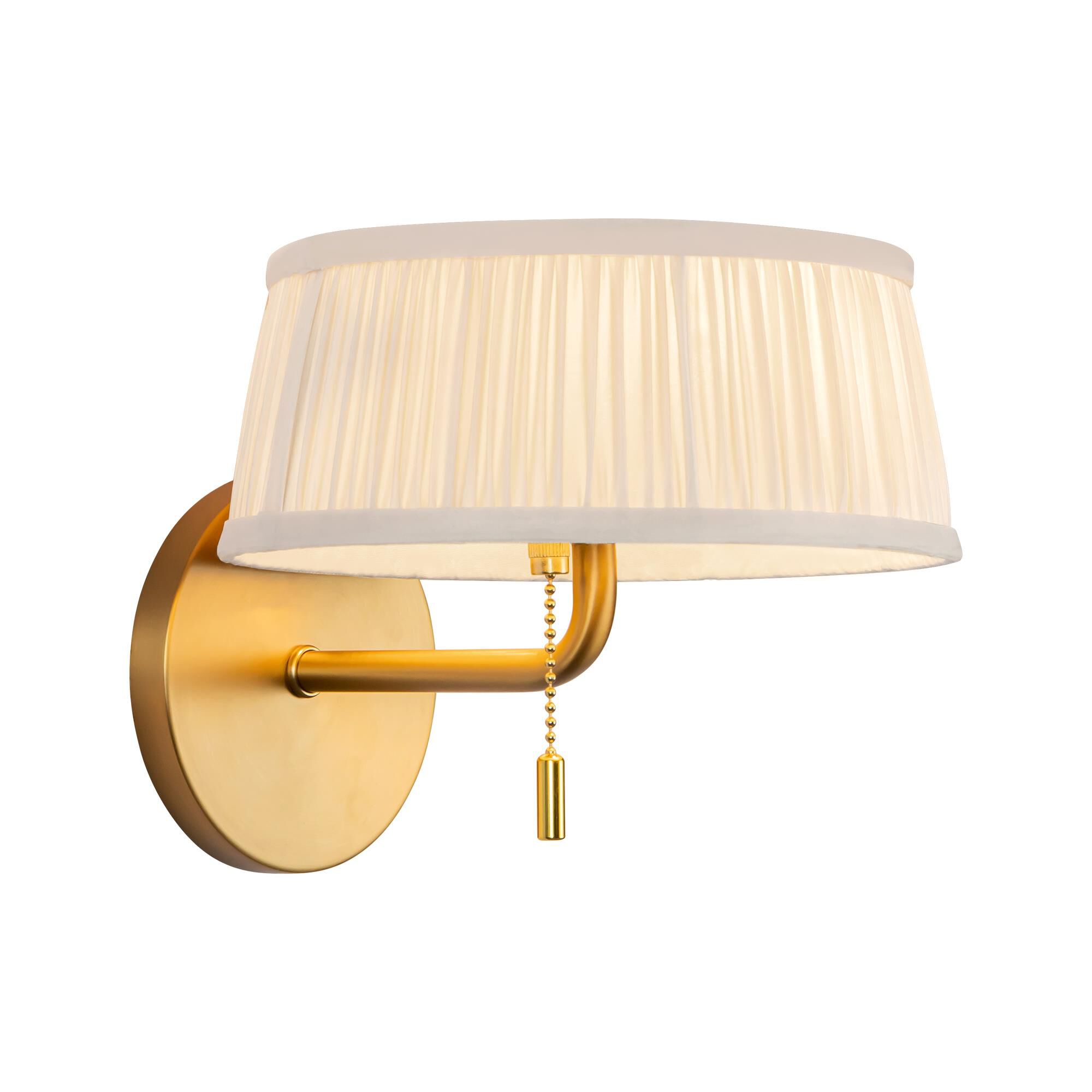 Shown in Brushed Gold finish and White Linen shade