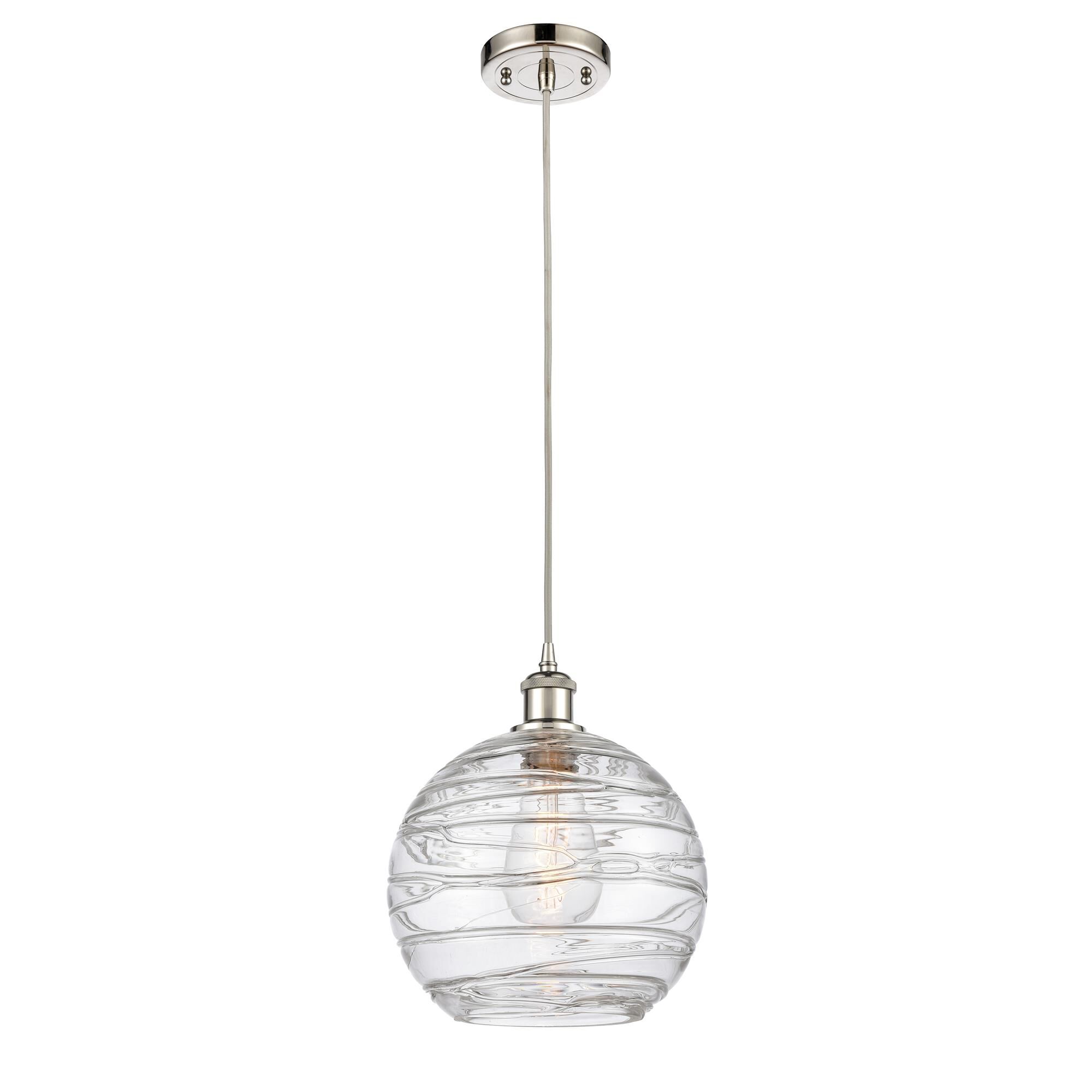 Shown in Polished Nickel finish and Clear Large Deco Swirl glass
