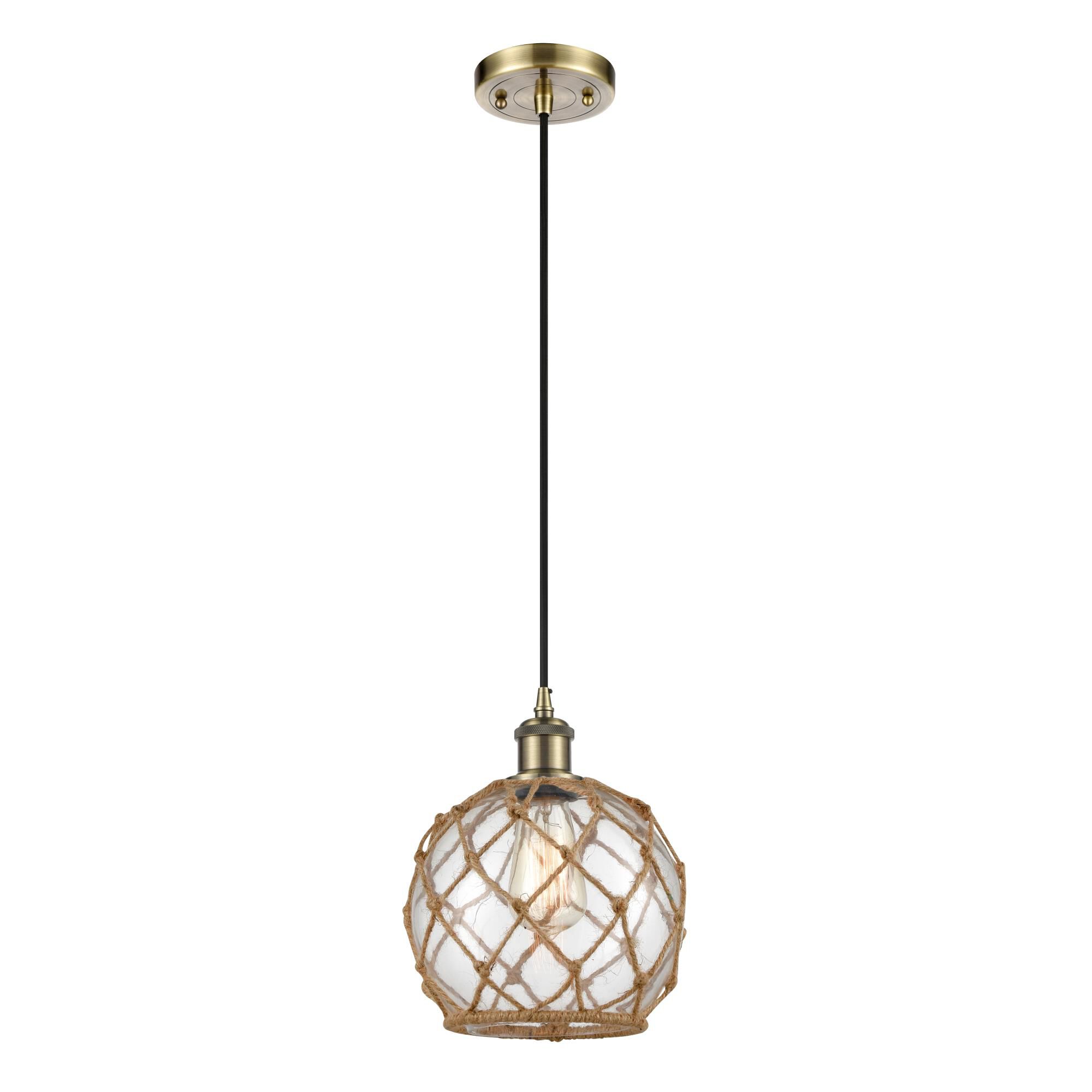 Shown in Antique Brass finish and Sphere glass and Glass And Rope shade