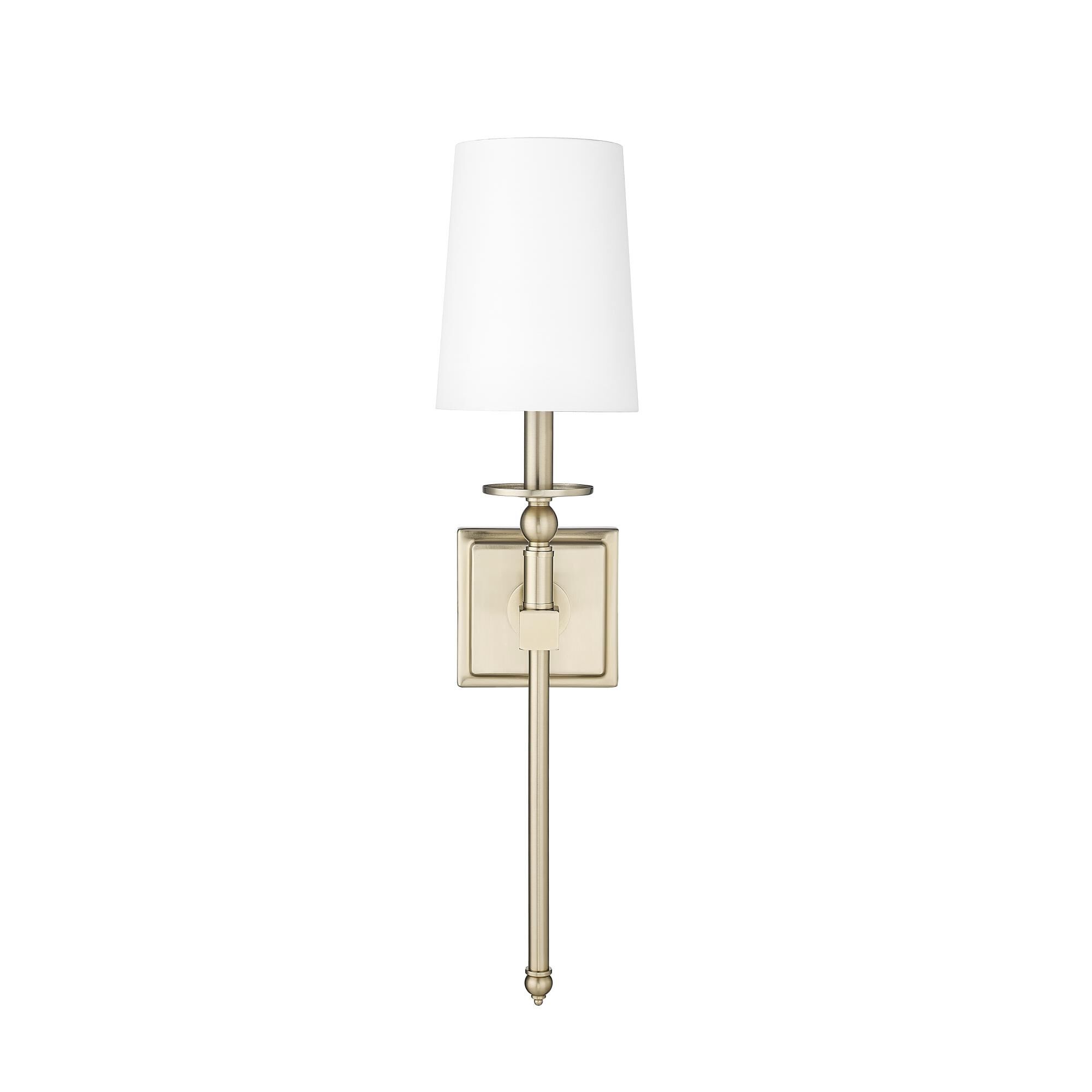 Shown in Modern Gold finish and White Linen shade
