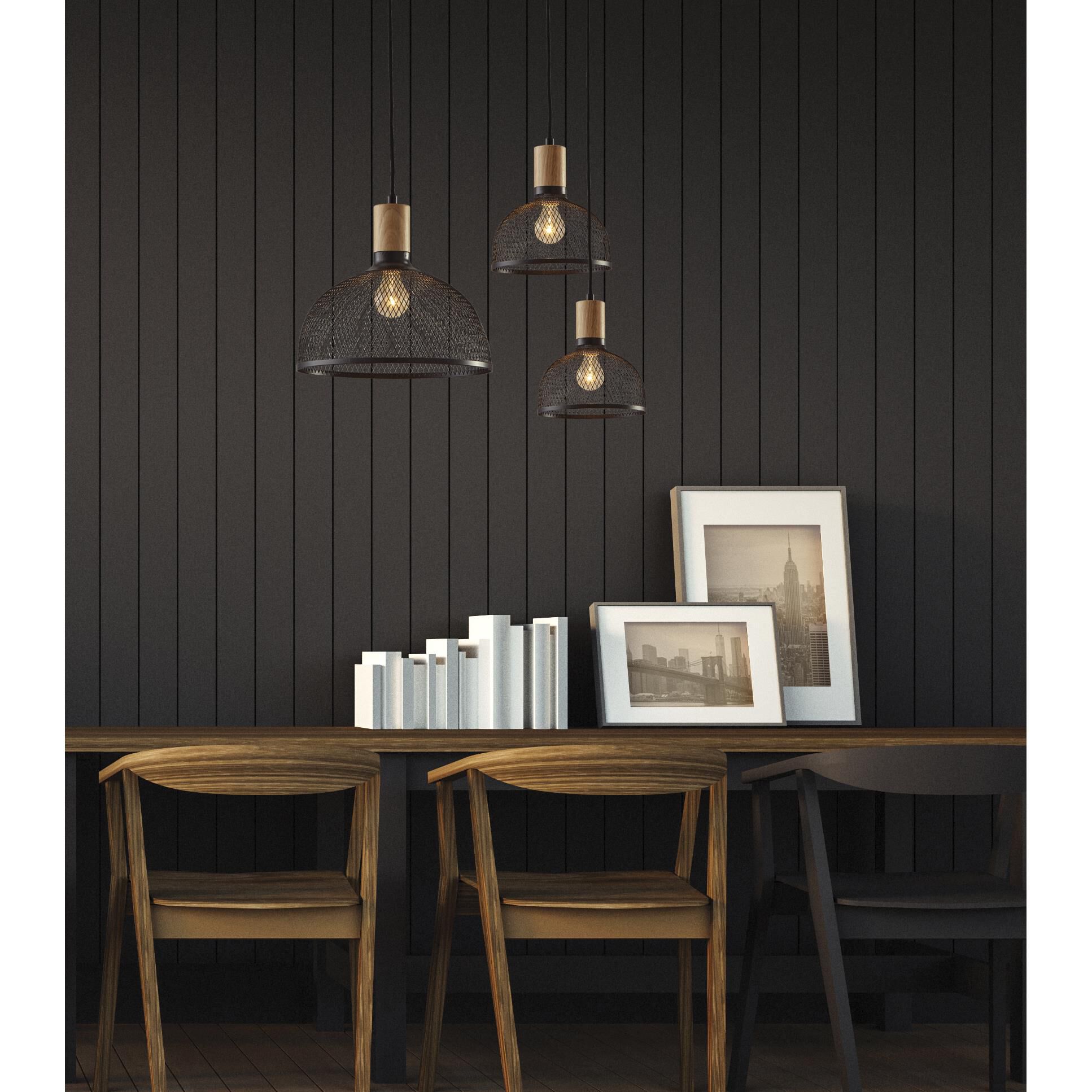 Shown in Matte Black and Natural Rubber Wood finish and black metal mesh shade
