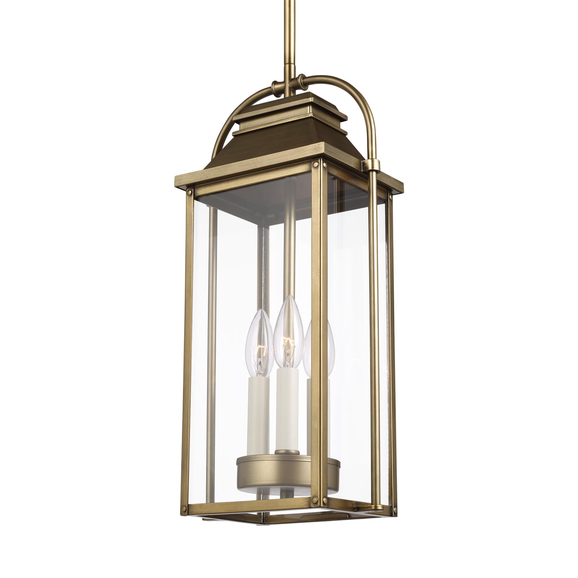 Shown in Painted Distressed Brass finish and Clear Panels glass