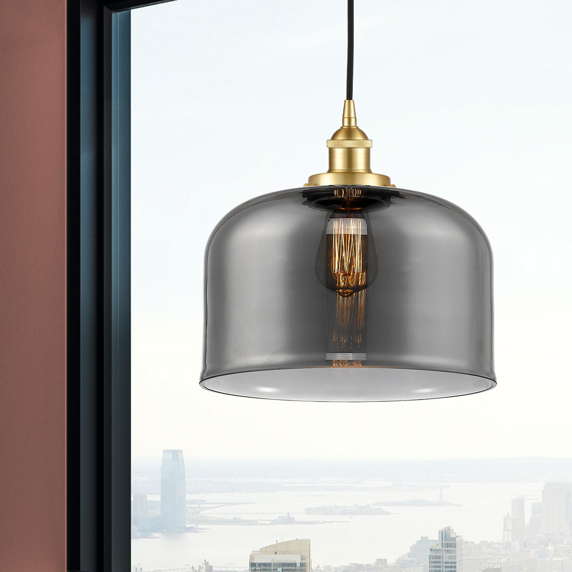 Shown in Satin Gold finish and Plated Smoke X-Large Bell glass