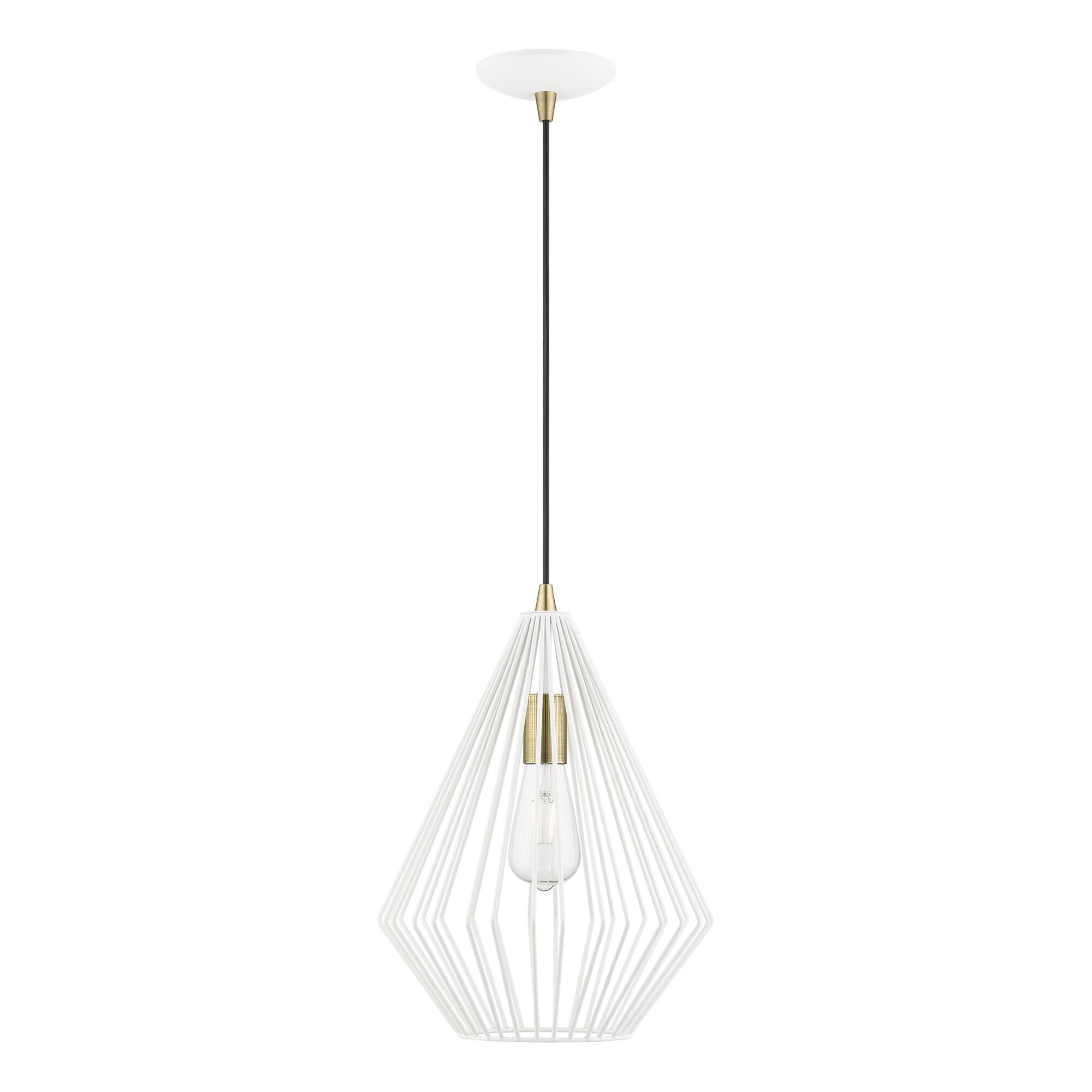 Shown in Textured White with Antique Brass Accents finish and Textured White Metal shade