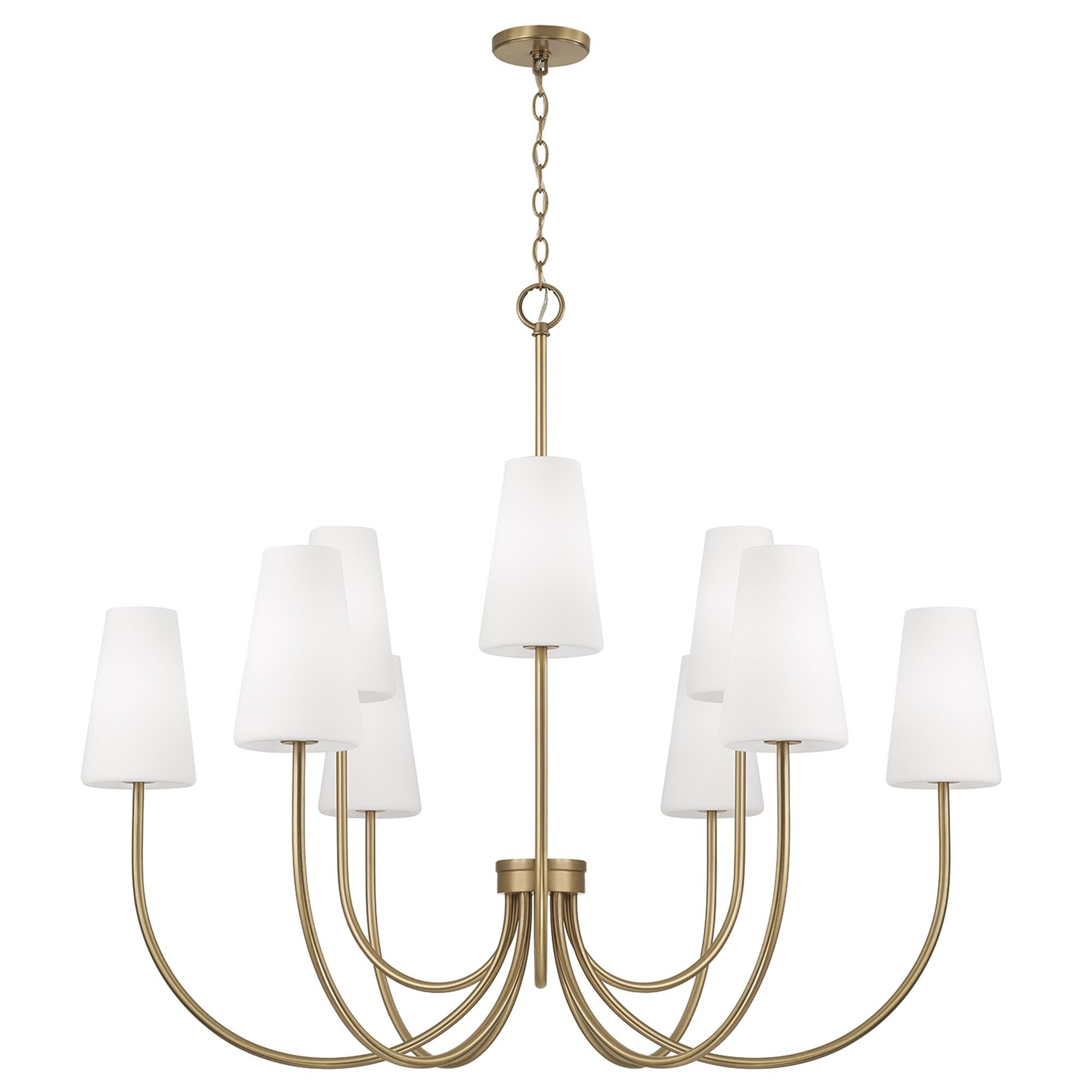 Shown in Aged Brass finish and Soft White glass