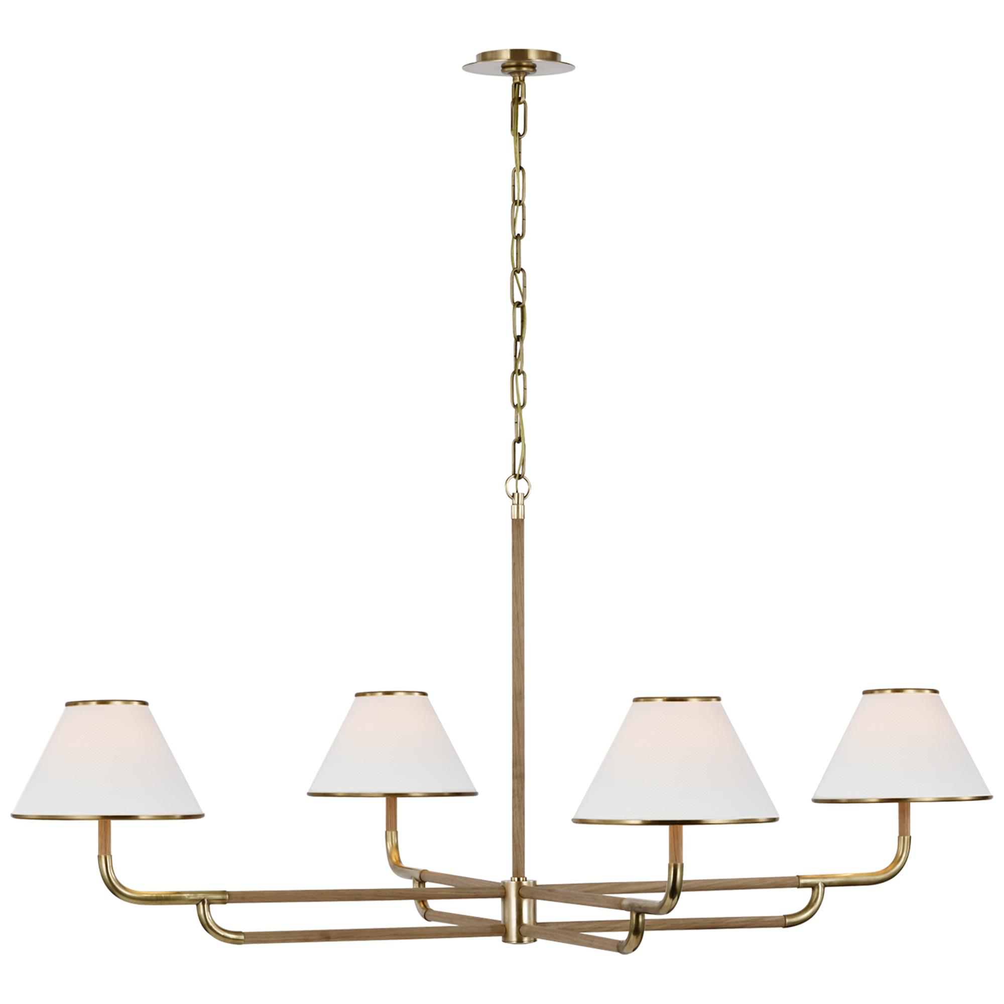 Shown in Soft Brass and Natural Oak finish and Linen shade