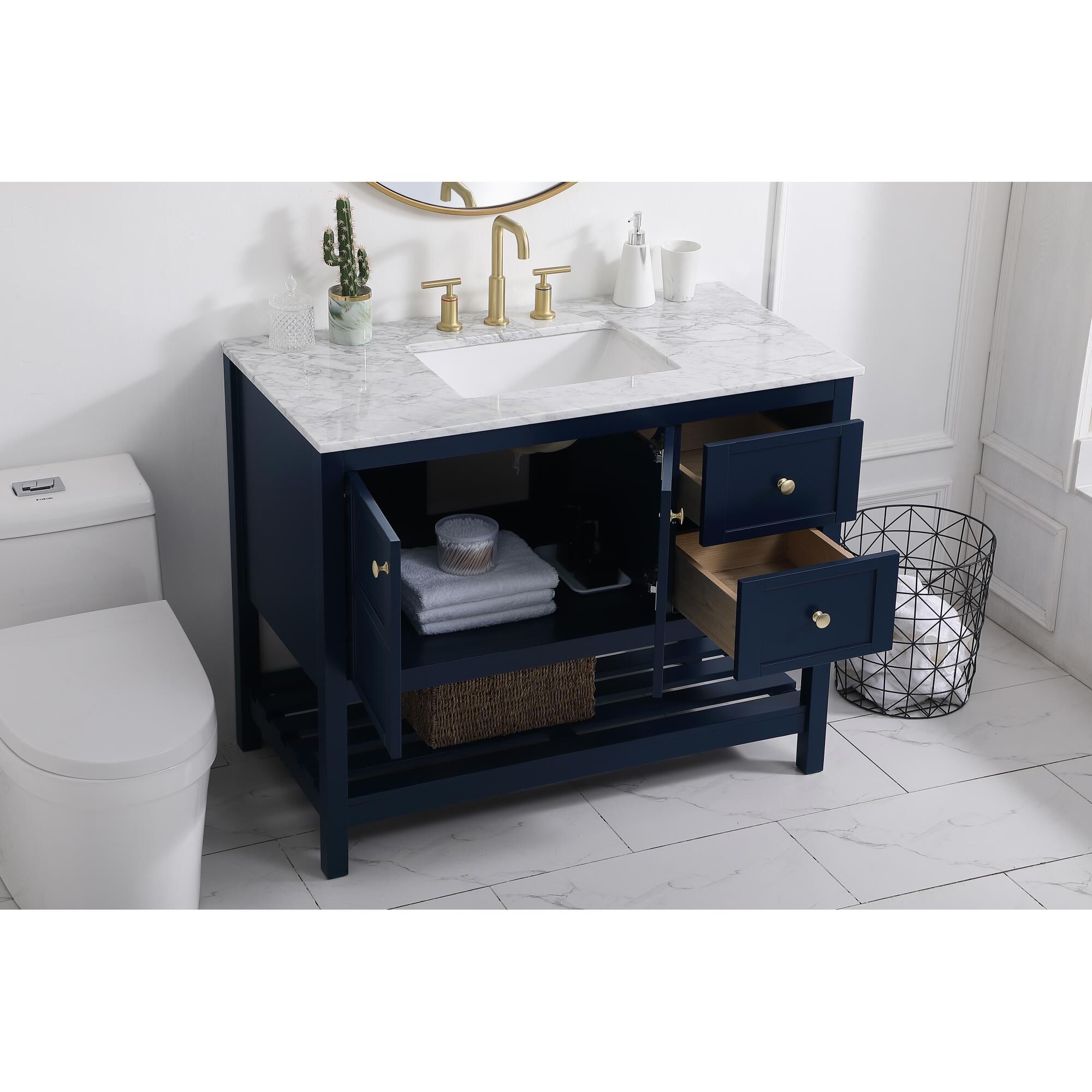 Shown in Blue And Gold With Carrara White Marble finish