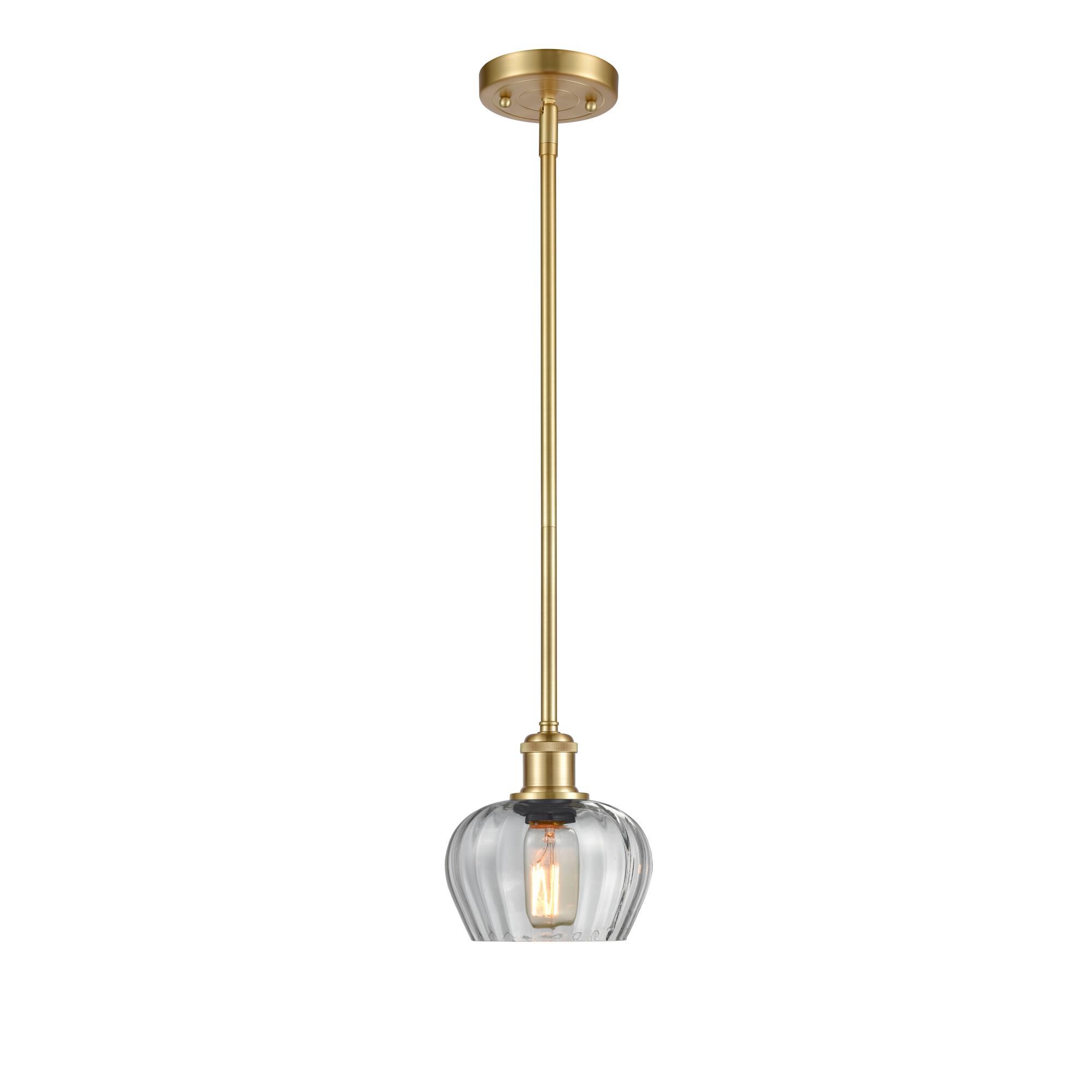 Shown in Satin Gold finish and Clear Fenton glass and Matte Black Smithfield shade
