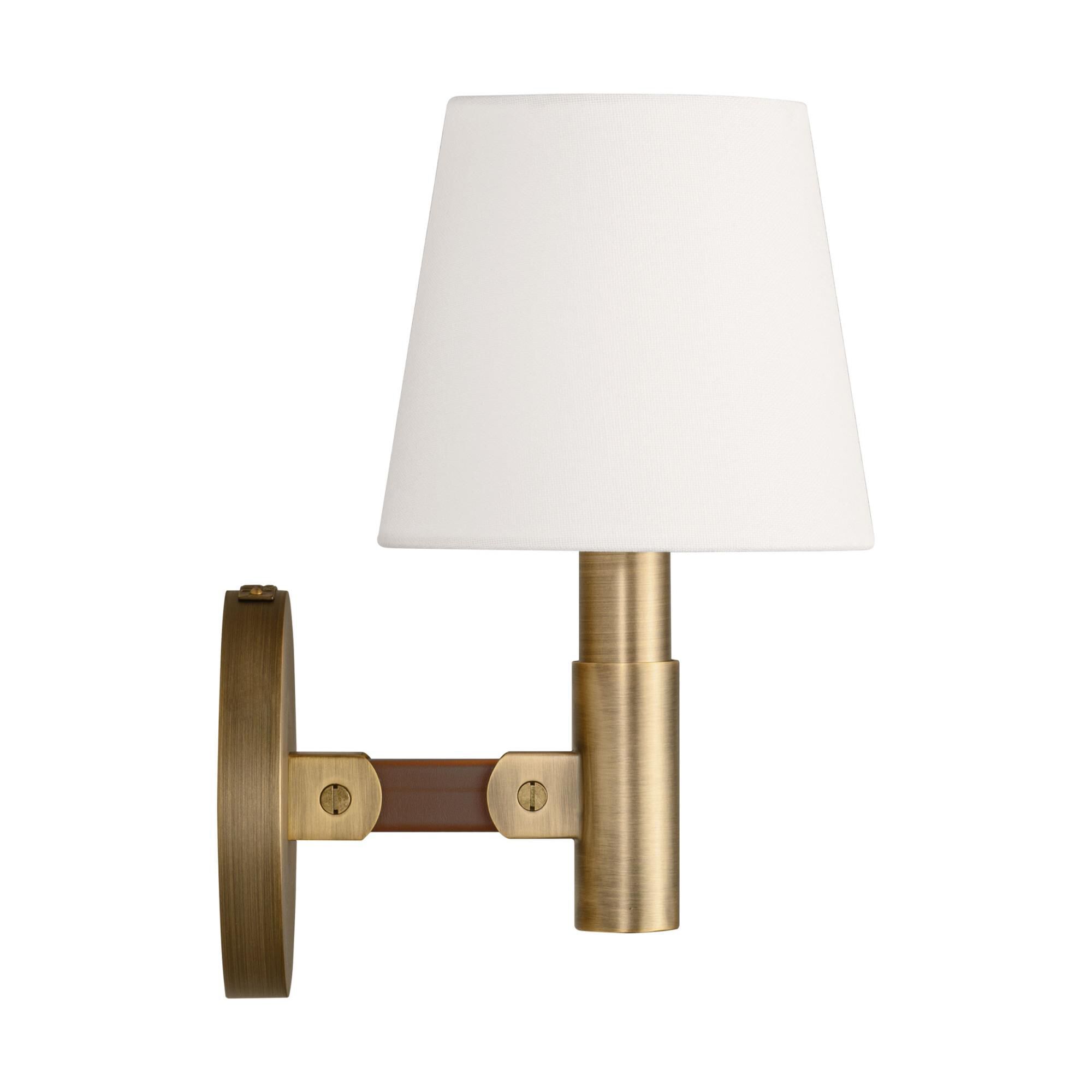 Shown in Time Worn Brass finish and White Linen shade